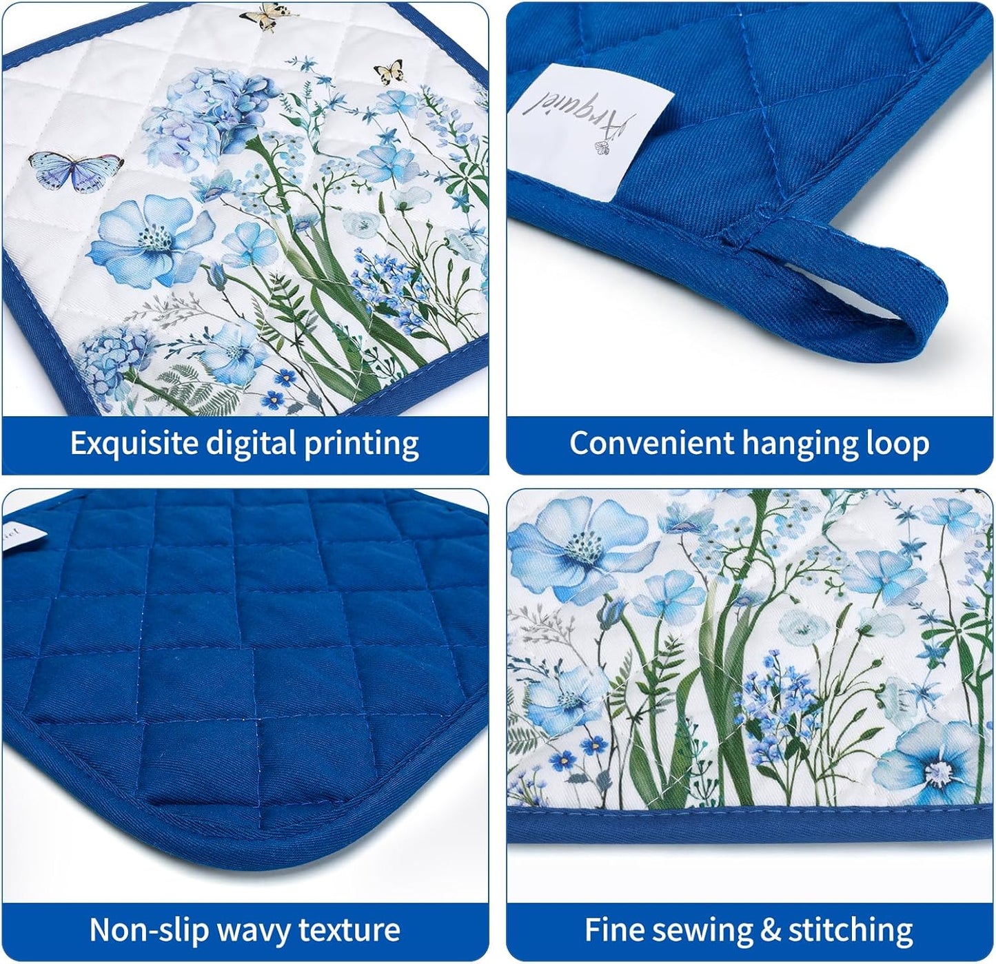 Blue Floral Oven Mitts and Pot Holders Sets 4Pcs, 100% Cotton Heat Resistant, Extra Long Oven Gloves Potholder for Kitchen Cooking Baking Decoration