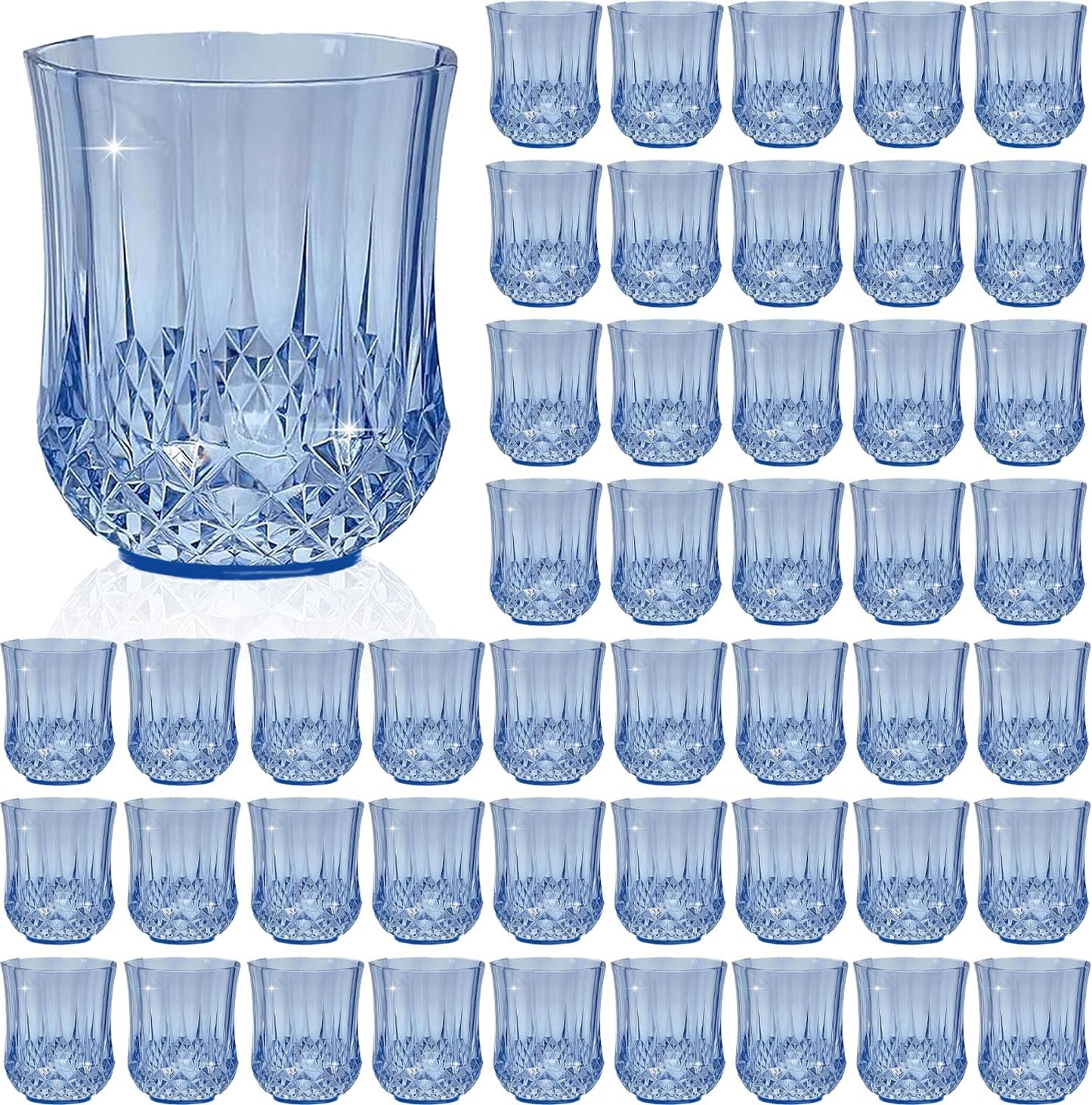 48 PCS Blue Stemless Wine Glasses，Plastic Reusable Cups 9OZ Vintage Drinking Glasses Tumblers for Whisky, Beer, Juice, Beverages, Cocktai