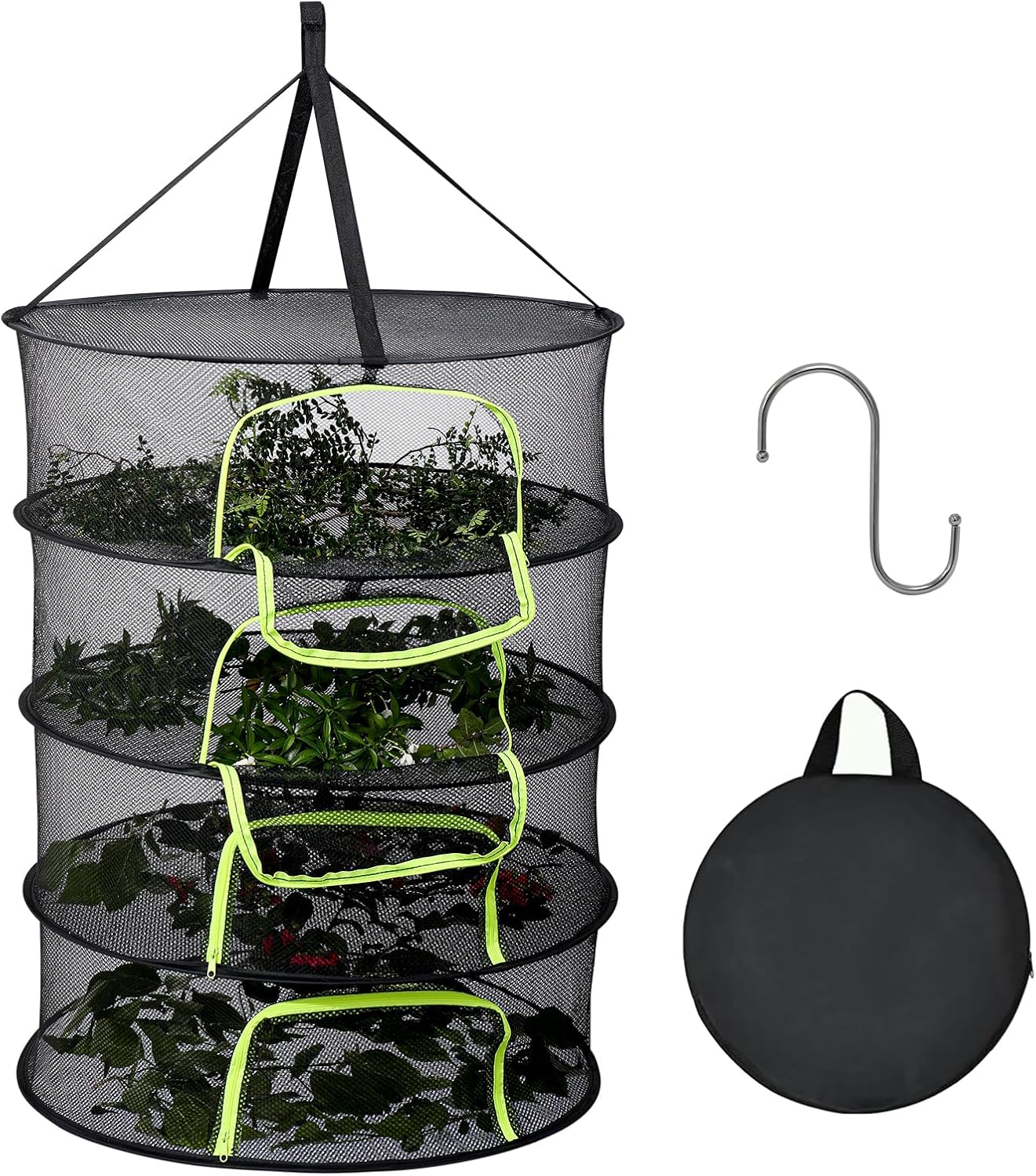 LUKETURE 4-Layer Hanging Herb Dryer Rack - with U-Zipper Mesh Net & Hook, Foldable Collapsible Drying Rack for Plants, Herbs, Flowers, Fish, Jerky, Laundry