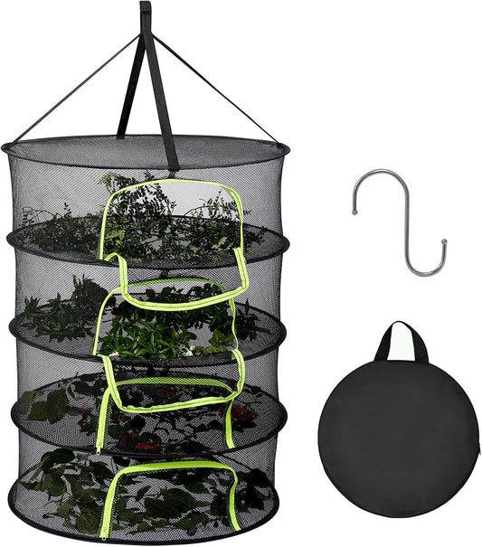 LUKETURE 4-Layer Hanging Herb Dryer Rack - with U-Zipper Mesh Net & Hook, Foldable Collapsible Drying Rack for Plants, Herbs, Flowers, Fish, Jerky, Laundry