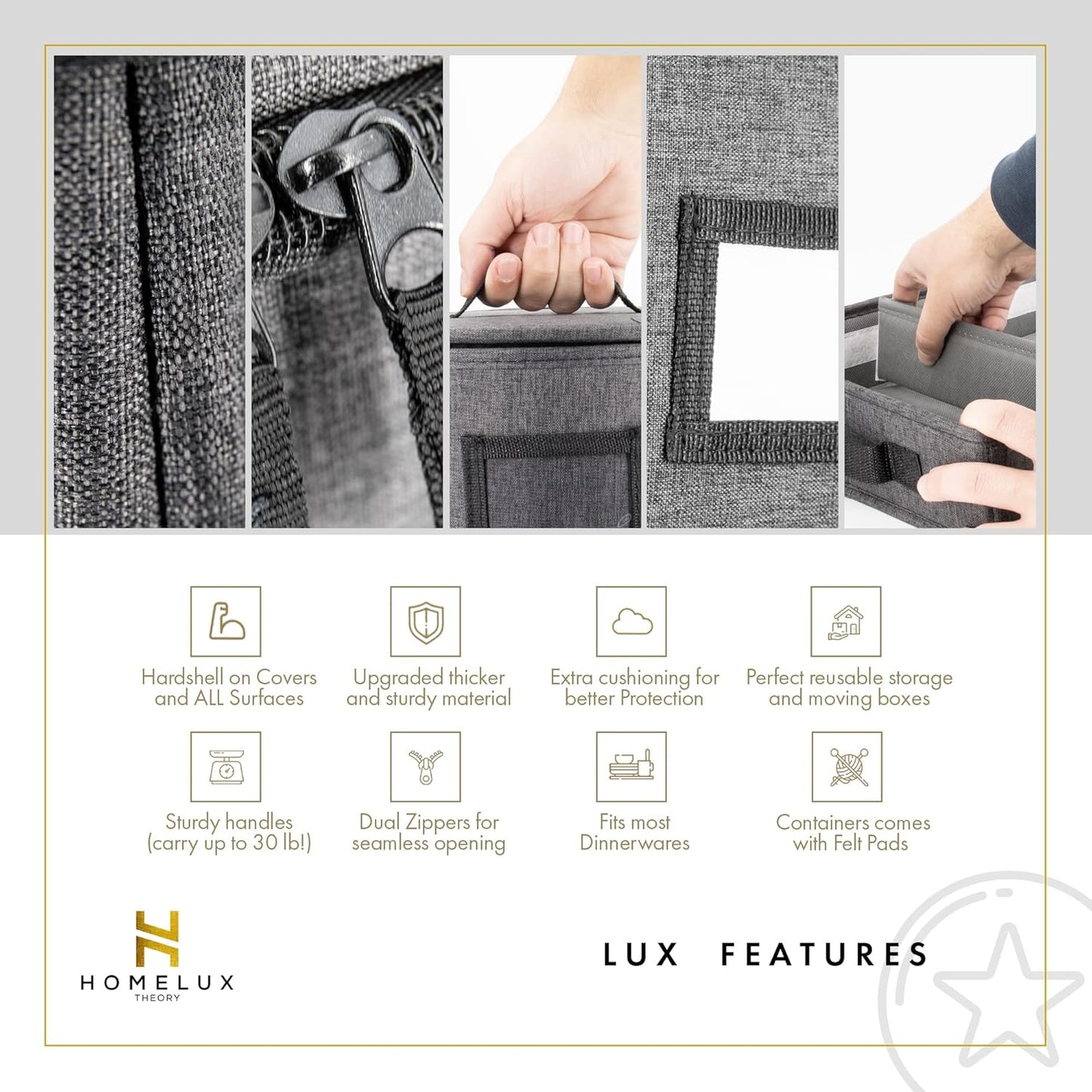 HOMELUX THEORY Hard Shell China Storage Containers for Dishes, 2pcs 12"x8" Plate Storage, Square Storage Containers with Lid, Heavy Duty Fine China Dish and Dinnerware Storage with 30 Felt Pads