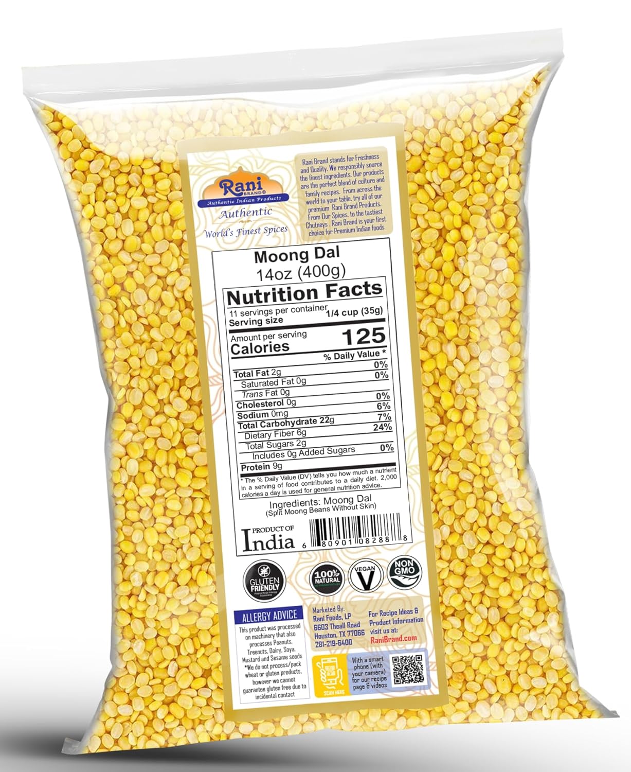 Rani Moong Dal (Split Mung Beans Without Skin) Lentils Indian 14oz (400g) ~ All Natural | Gluten Friendly | Non-GMO | Kosher | Vegan | Indian Origin