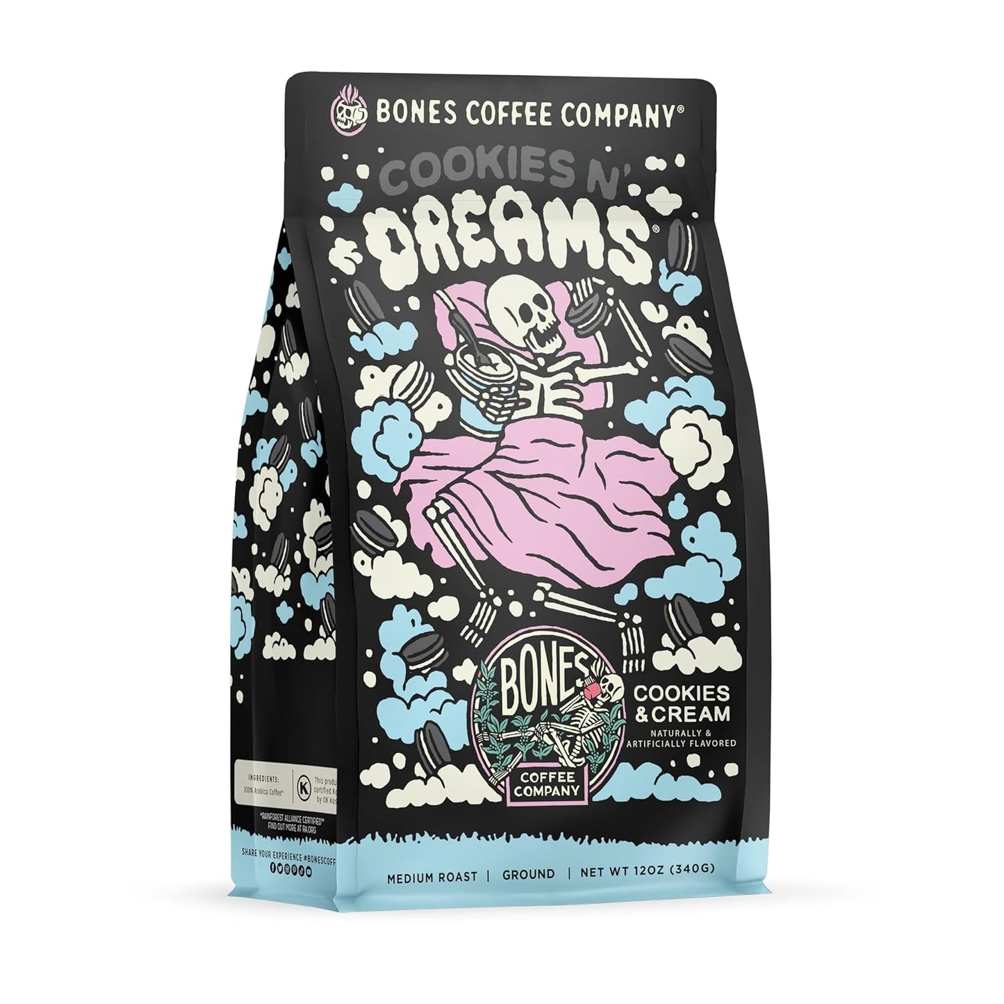 Bones Coffee Company Cookies 'N Dreams Cookies and Cream Flavored Coffee, Medium Roast Low Acid Arabica Beans Compatible with Auto drip and French Press Coffee Maker, 12 Oz Ground