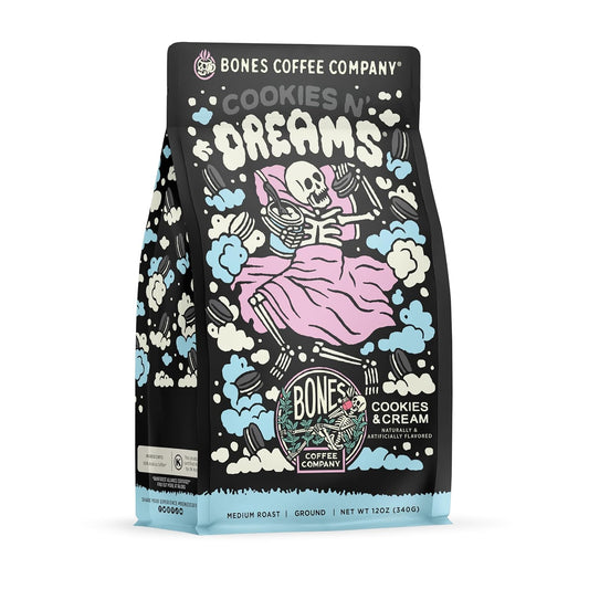 Bones Coffee Company Cookies 'N Dreams Cookies and Cream Flavored Coffee, Medium Roast Low Acid Arabica Beans Compatible with Auto drip and French Press Coffee Maker, 12 Oz Ground