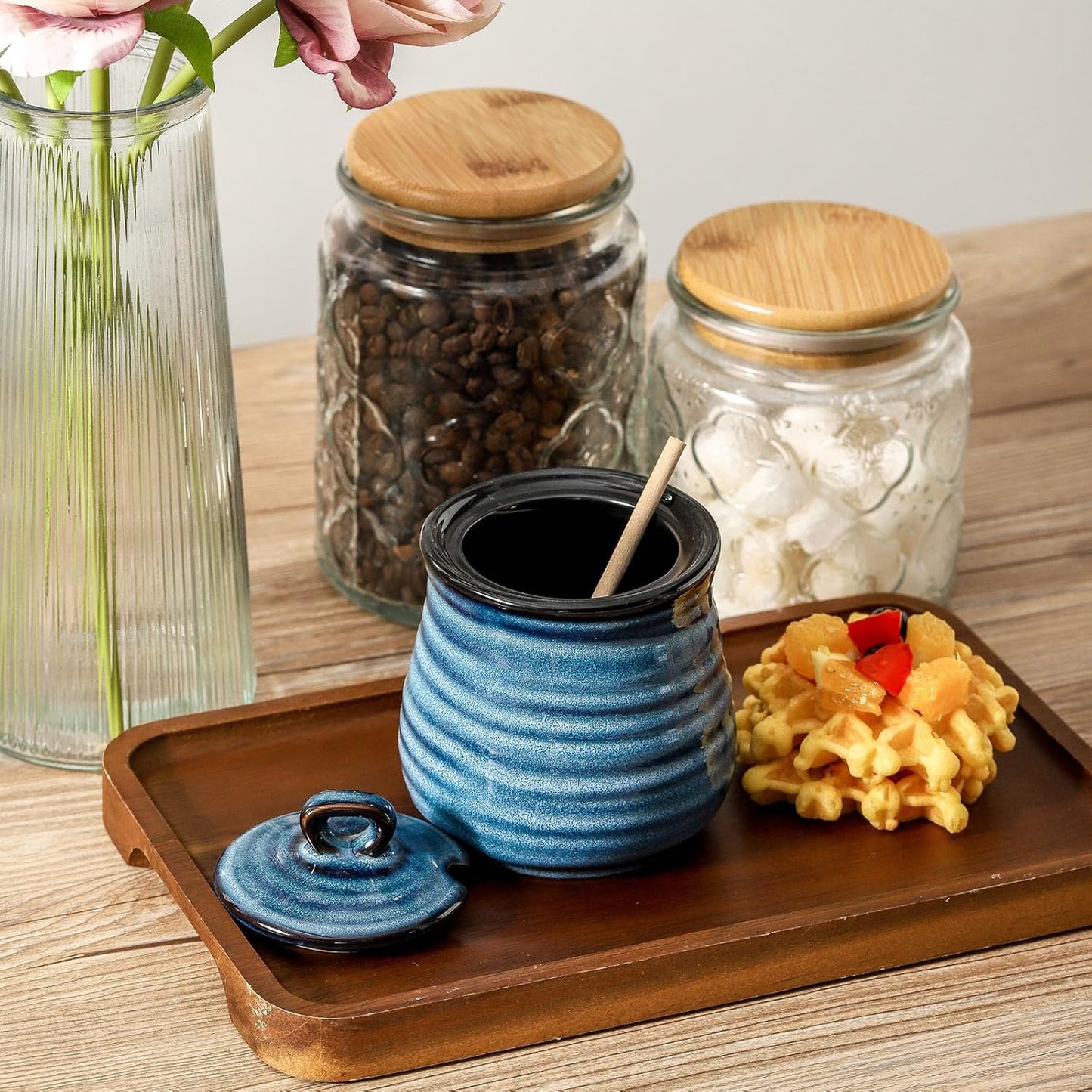Ceramic 12 Ounce Honey Jar and Dipper Set,Porcelain Honey Pot with Lid and Wooden Dipper,Cute Honey Containers for Party,Holiday,Halloween Favors,Farmhouse Kitchen Decor,Dishwasher Safe,Blue