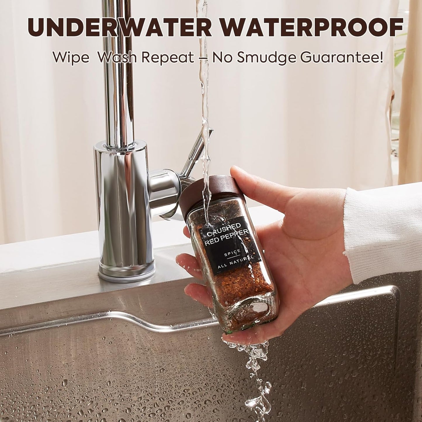 Yangbaga 34Pcs Glass Spice Jars with Labels-4oz Acacia Wood Lid Square Spice Containers with Pepper Grinder Lids &Funnel,Seasoning Jars for Rack Cabinet Drawer