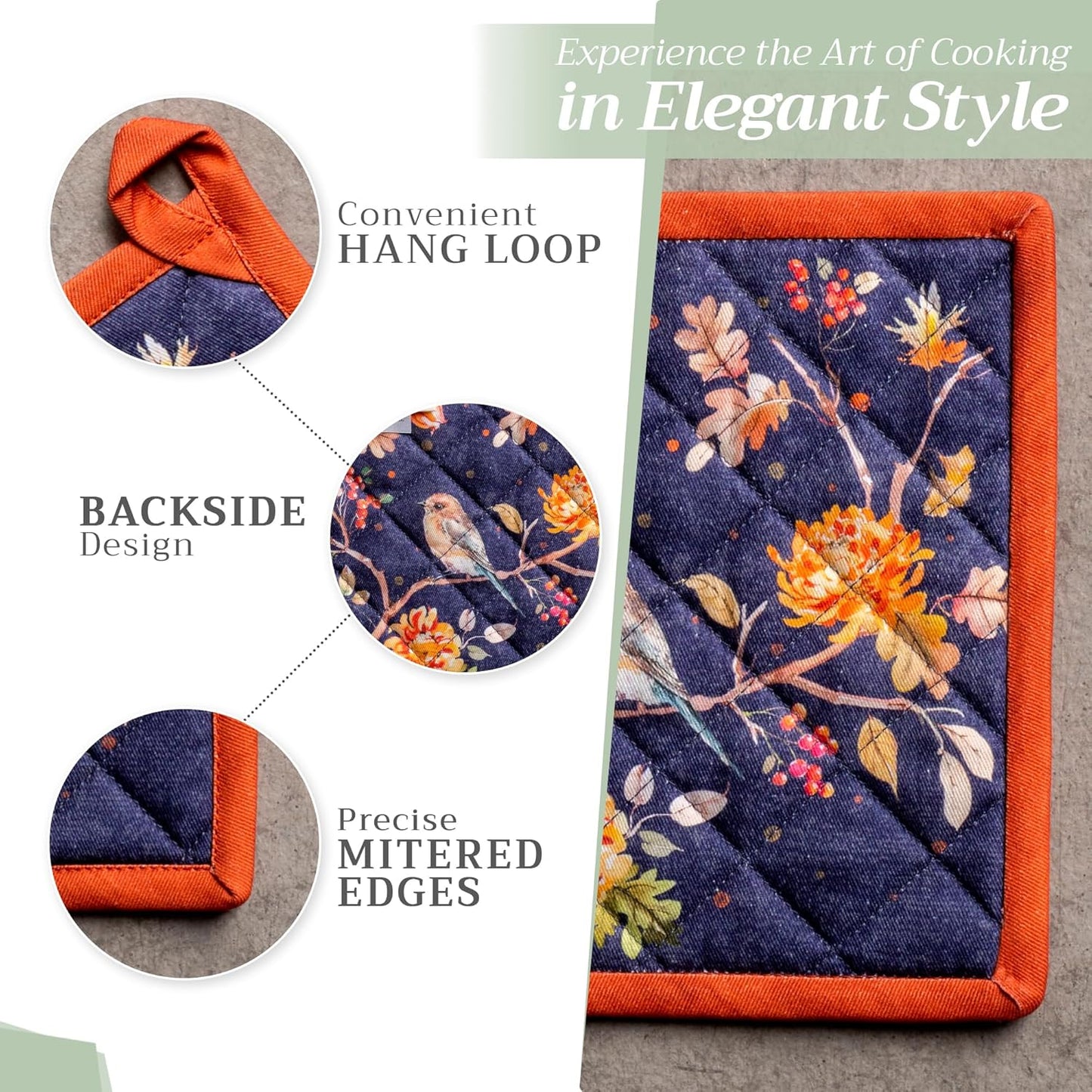 Maison d' Hermine 100% Cotton Oven Mitt & Pot Holder Set (7.5"x13" & 8"x8") Heat Resistant BBQ Cooking Gloves with Loop, Baking, Grilling, Kitchen, Handling Hot Pans (Kelim - Infinity)