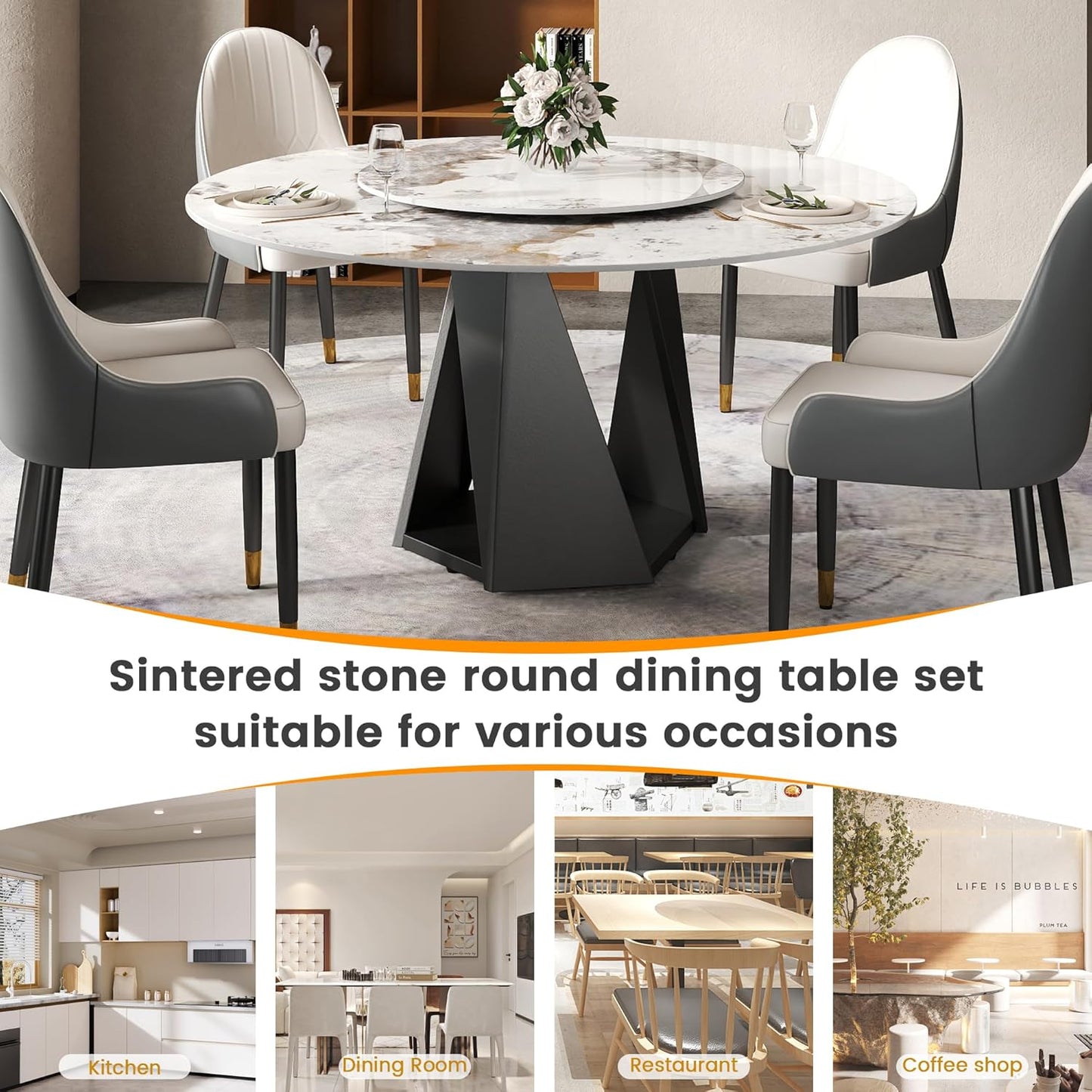 Montary 59" Modern Artificial Marble Round Dining Table with Black Iron Metal Base & 31.5" White Sintered Stone Turntable, Dining Room Table with Lazy Susan for 6-8 (Only Table)