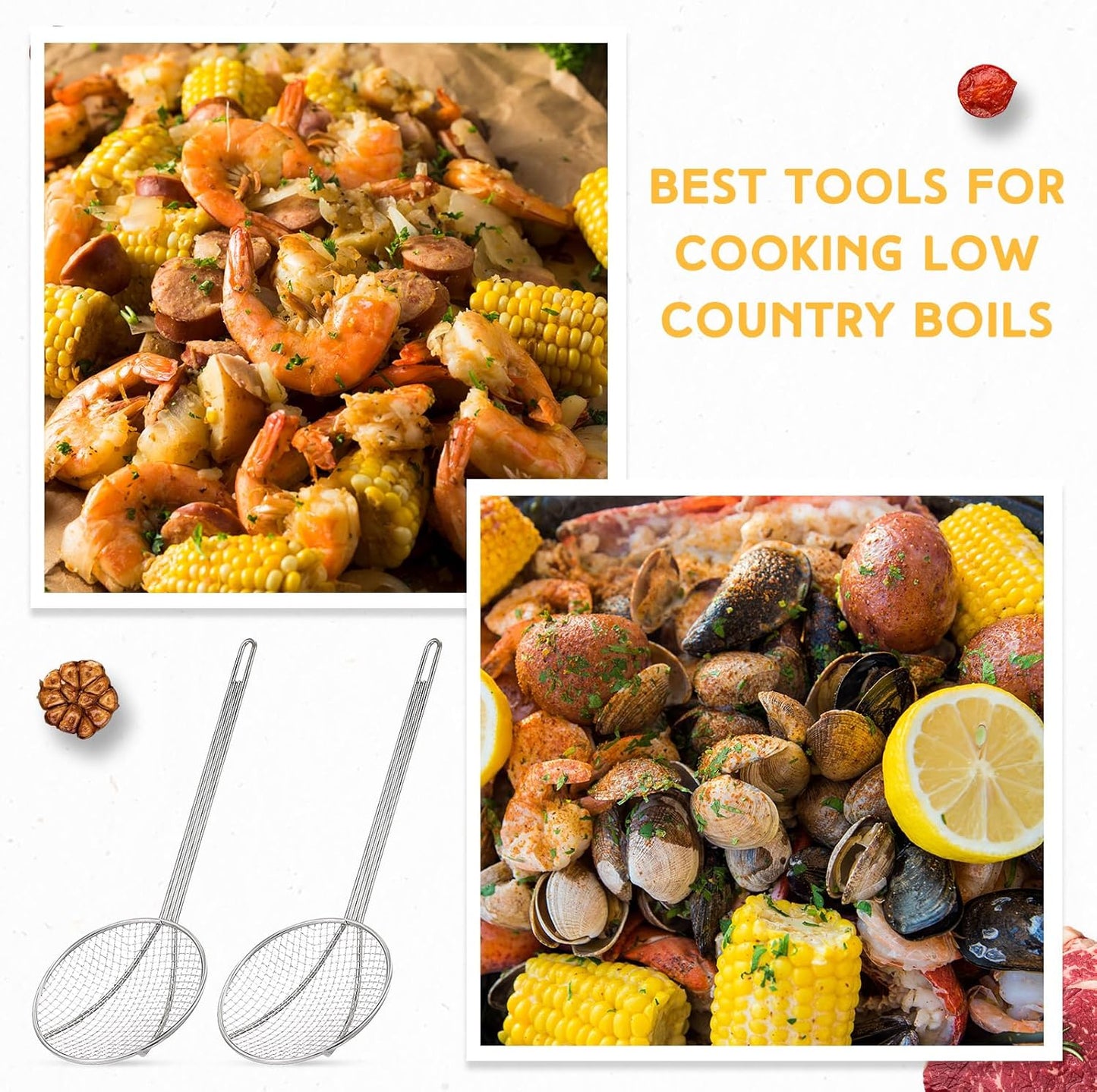 Baderke 2 Pcs 16 Inch Stainless Steel Skimmer Round Plated Wire Strainer Fryer Spoon Mesh Stirring with Long Handle for Kitchen Fried Food Cooking Straining Frying