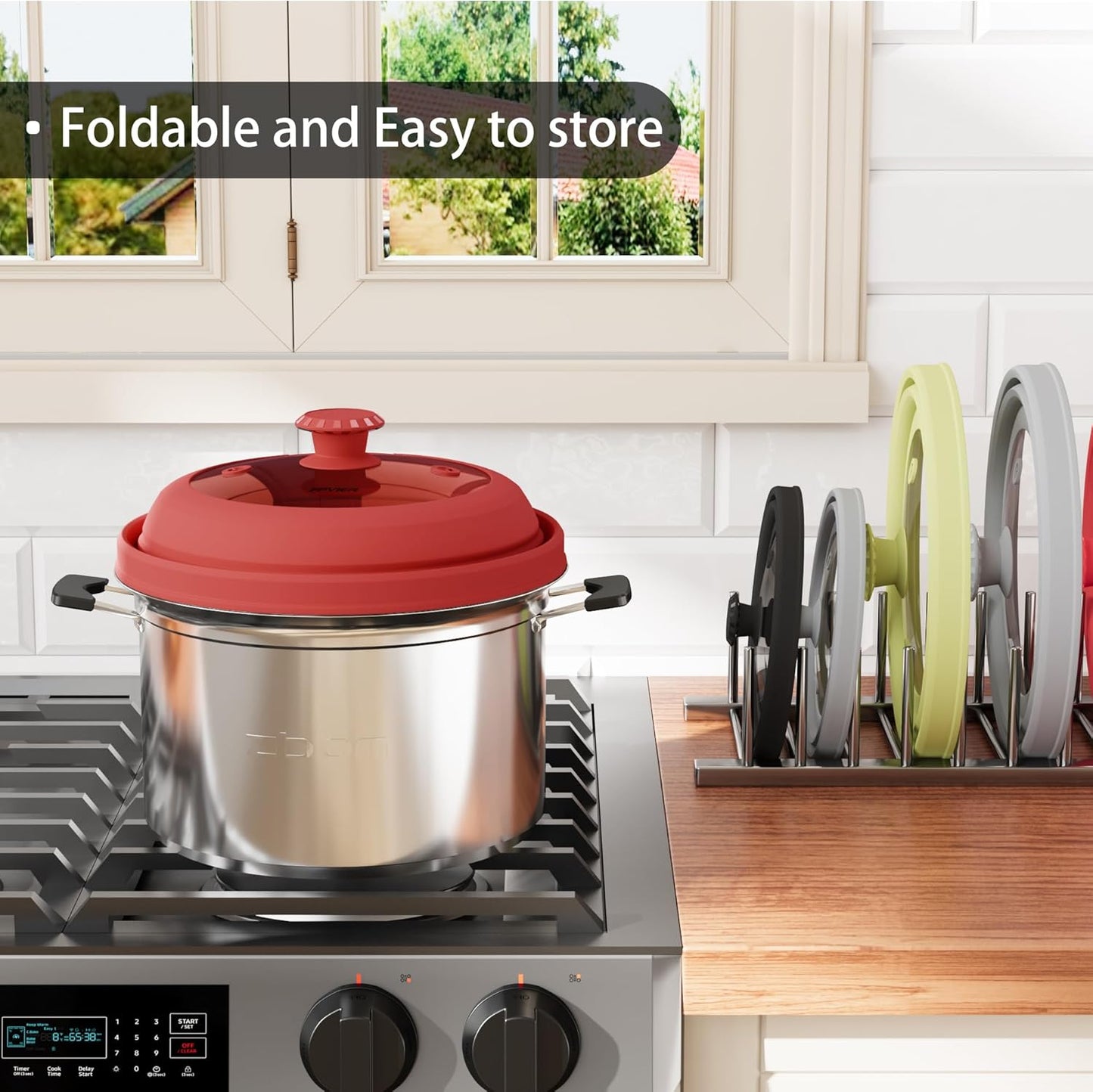 Collapsible Microwave Splatter Cover - Vented Silicone & Glass Lid with Easy-Grip Handle, Fits 6 to 8 Inch Plates & Bowls, 9 Inch Diameter, Prevents Splatters & Ensures Even Heating