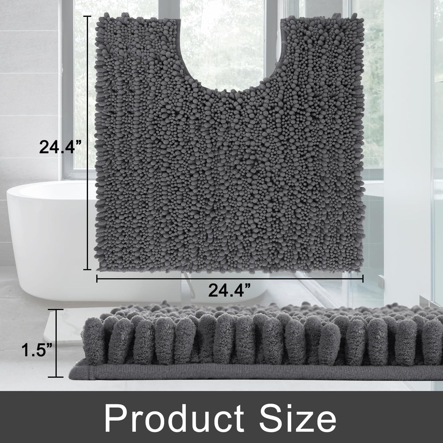 Yimobra Toilet Rug U Shaped Washable 24x20 Inch - Ultra Soft Absorbent Chenille Bath Rugs for Toilet, Quick Dry & Machine Washable, Non Slip Contour Bathroom Mat, Dark Gray