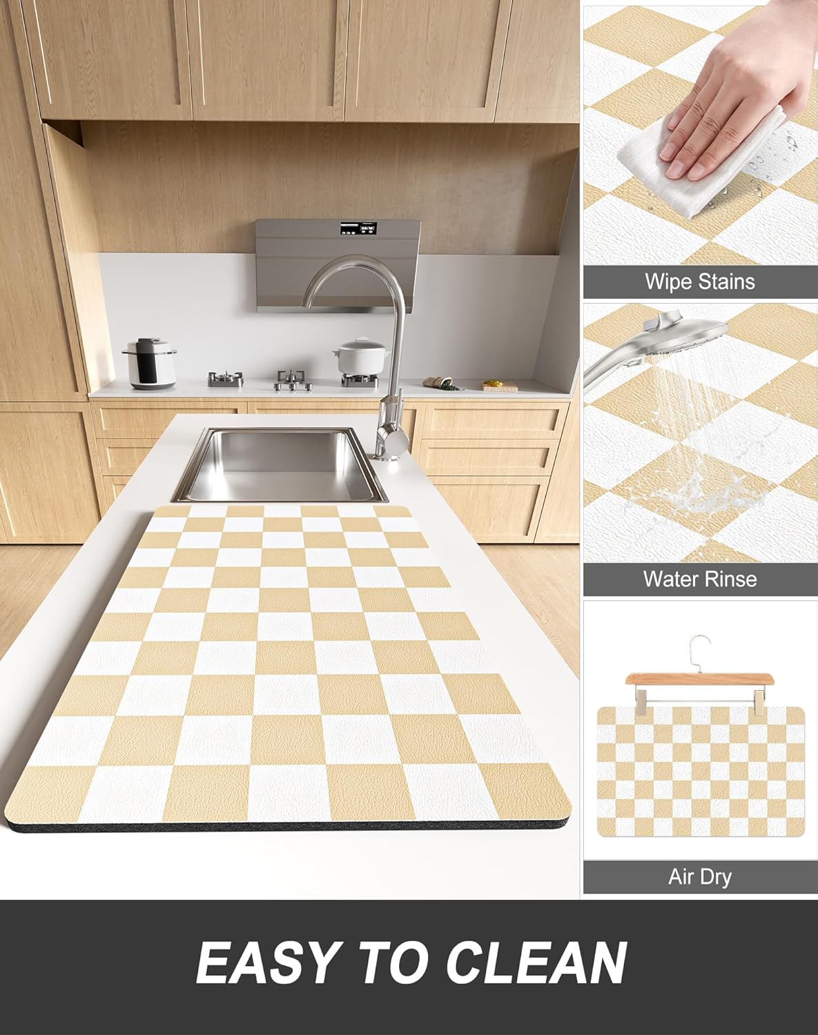 Rnivvi Dish Drying Mat for Kitchen Counter, XL 15 x 24" Cute Checkered Absorbent Draining Pad, Non-Slip Heat Resistant Coffee Bar Mat for Coffee Machine Station Accessories, Beige White Dish Rack Pad