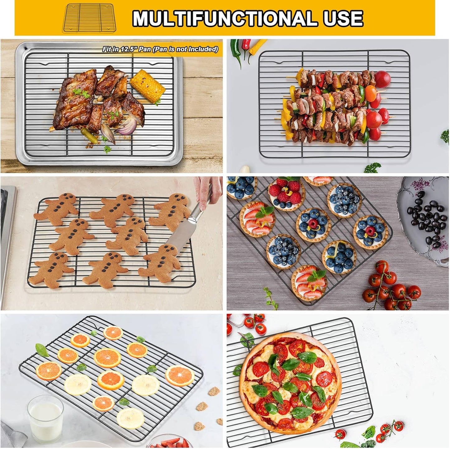 P&P CHEF Cooling Baking Rack Pack of 2, Stainless Steel Cooling Racks for Cooking Baking Roasting Grilling Drying, Dense Wires & Smooth Edge, Easy to clean, Black,11.6" x 9"