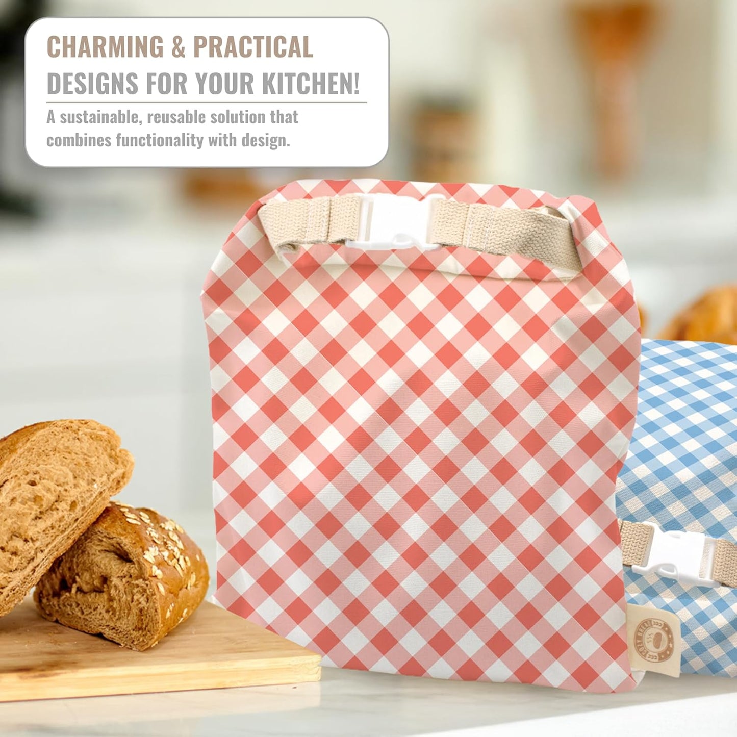 Cozy Bread® Reusable Bread Bag Set for Home Bakers | USA Brand | Charming Designs (Gingham)
