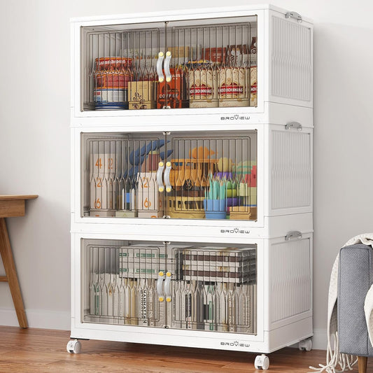 300Qt Stackable Storage Bins with Lid, Extra Large Closet Organizer Collapsible Drawer Boxes with Wheels, Folding Plastic Cabinet Containers for Home Kitchen Room Organization, 3Pack White