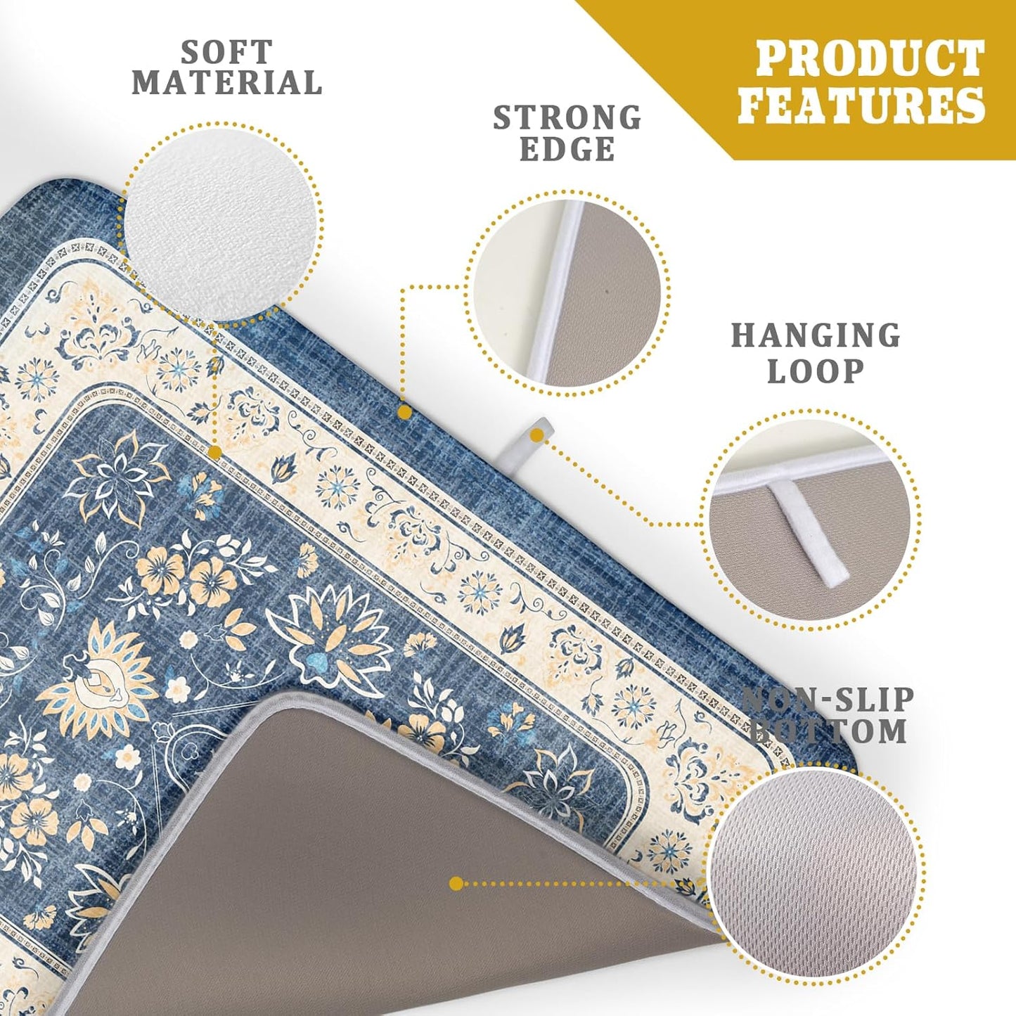 Blue Boho Dish Drying Mat for Kitchen Counter 18x24 Inch Fast Dry Drying Pad Vintage Floral Dish Drainer Rack Mats Coffee Bar Accessories