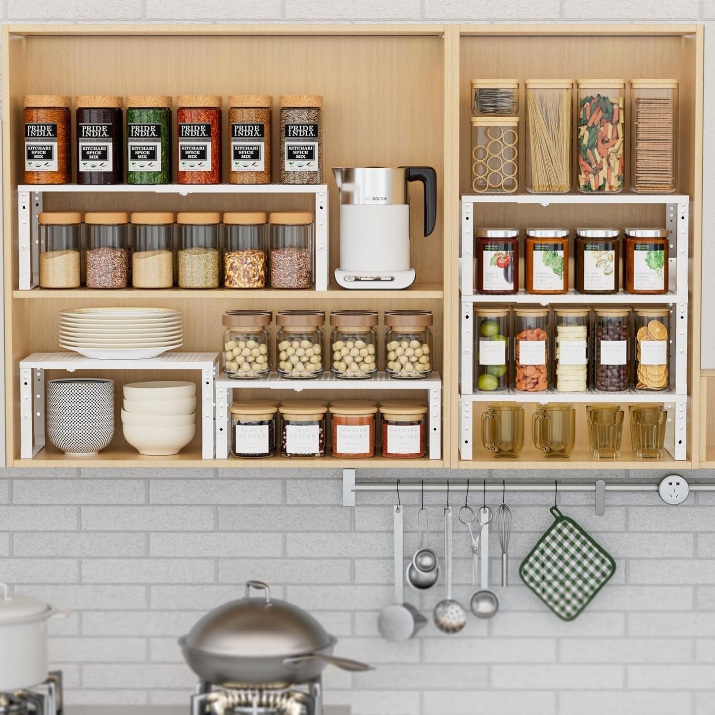 Expandable Spice Rack Kitchen Cabinet Shelf Organizer, Stackable Storage Shelves Racks, Adjustable Counter Shelving for Cabinets, Countertop, Cupboard,Pantry and More(1Pack/White/Medium)