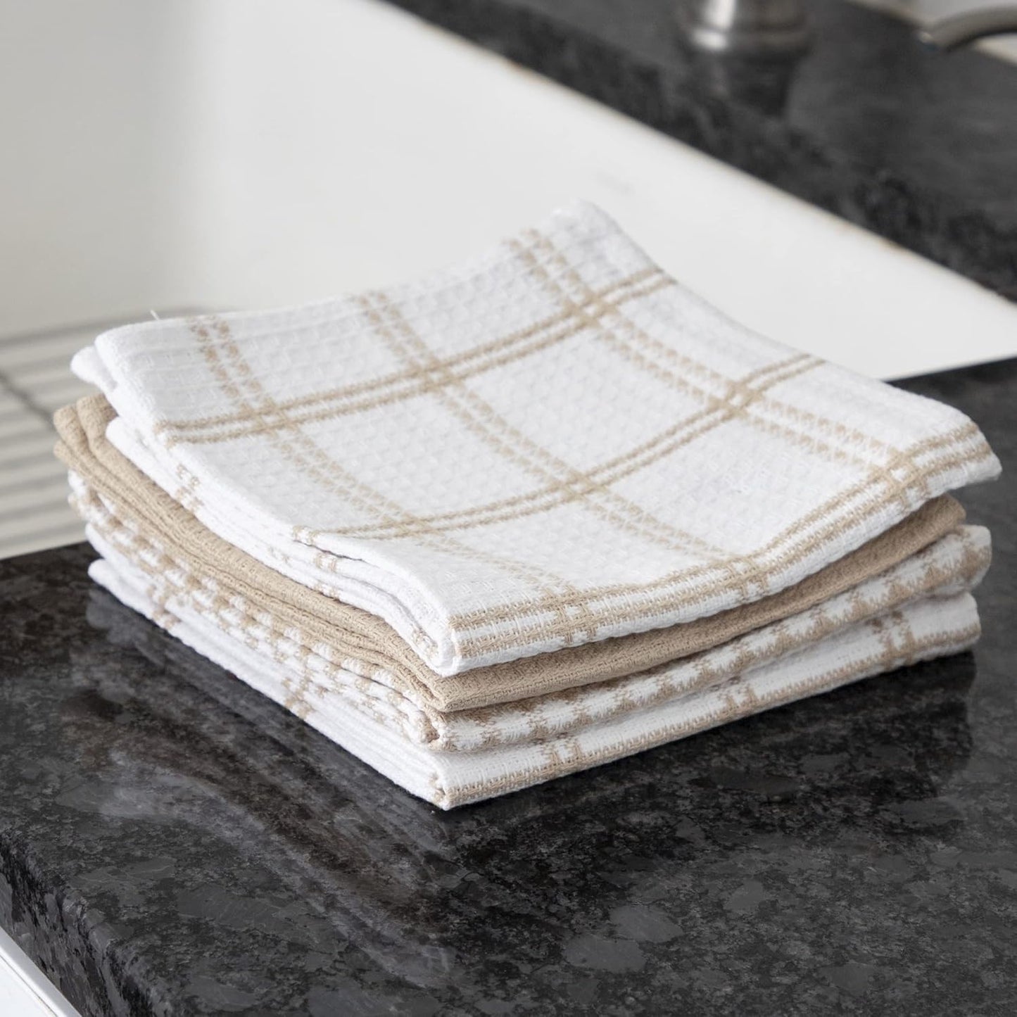 T-FAL Premium Waffle Dish Cloths: Highly Absorbent, Super Soft Long Lasting - 100% Cotton, 12"x13" Flat Waffle Dish Towel for Cleaning & Drying Dishes, (4-Pack), Sand