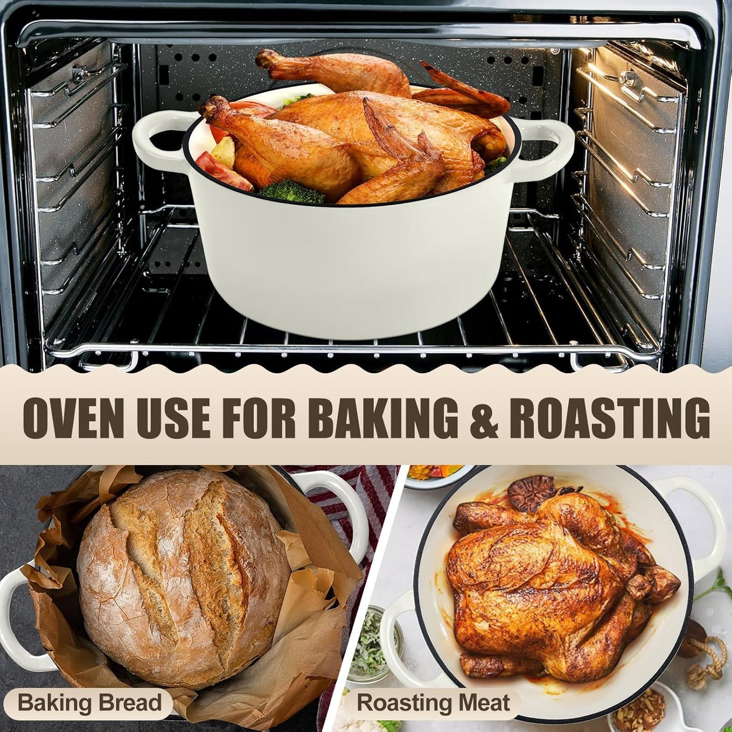 P&P CHEF 7QT Enameled Dutch Oven, Cast Iron Dutch Oven Pot with Lid for Bread Baking, Enameled Casserole Pot for Roasting Braising Stewing Frying Simmering, Various Stoves & Easy Clean, White