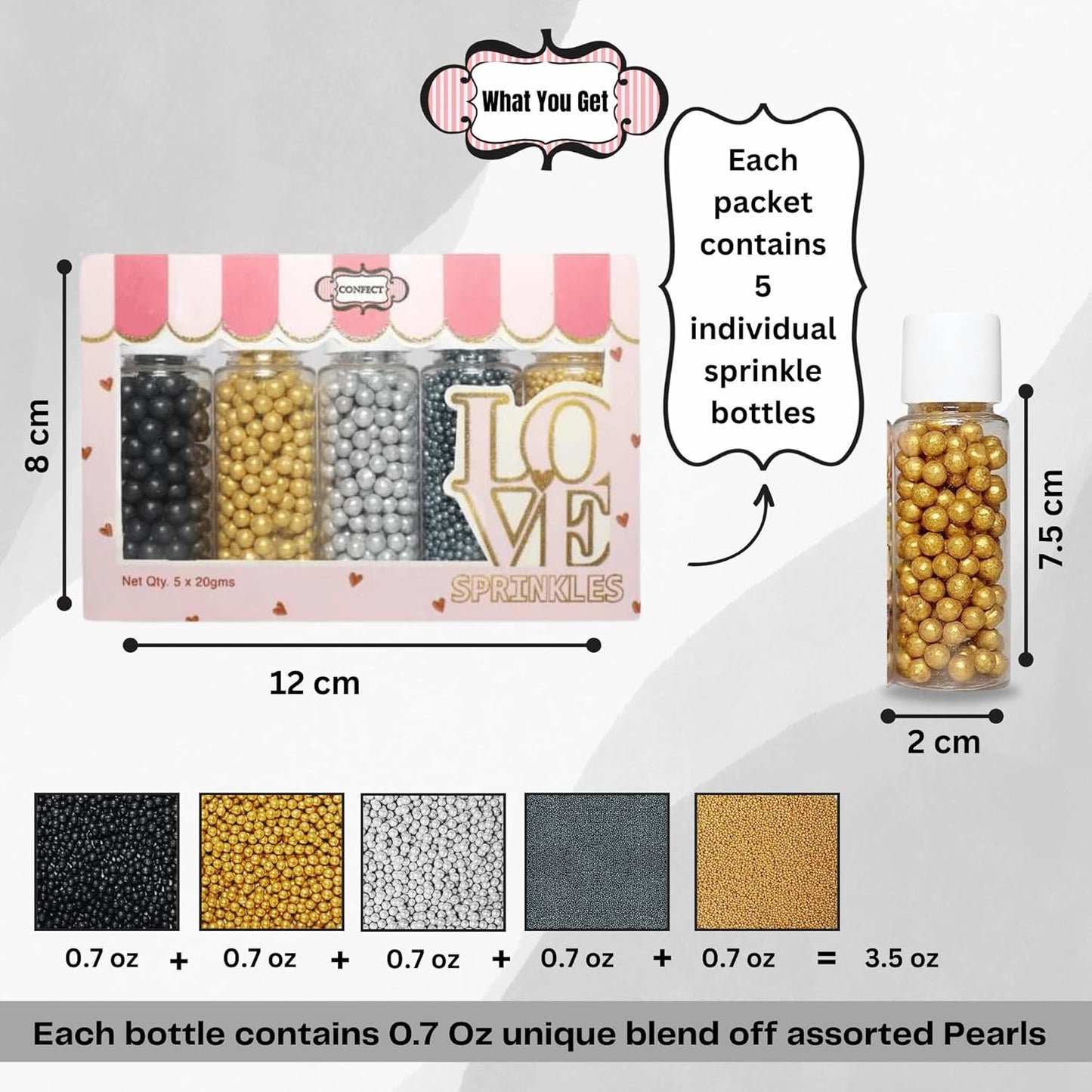 Confect Edible Galaxy Sprinkles | Sprinkles for Cakes & Cupcakes Decoration | pack of 5 Mix Black, Champagne Gold, Sliver, Grey & Golden Pearl | Vegan, Gluten-Free, Nut-Free, Soy-Free, Dairy-Free, Palm Oil-Free- 5 Oz