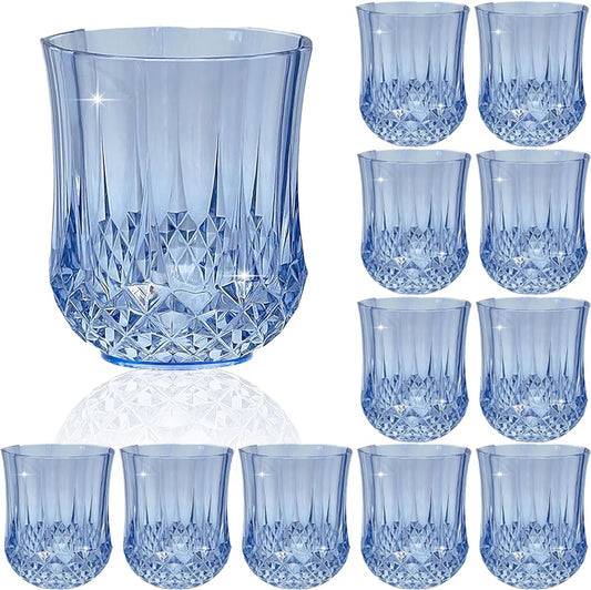 12 PCS Blue Stemless Wine Glasses，Plastic Reusable Cups 9OZ Vintage Drinking Glasses Tumblers for Whisky, Beer, Juice, Beverages, Cocktai