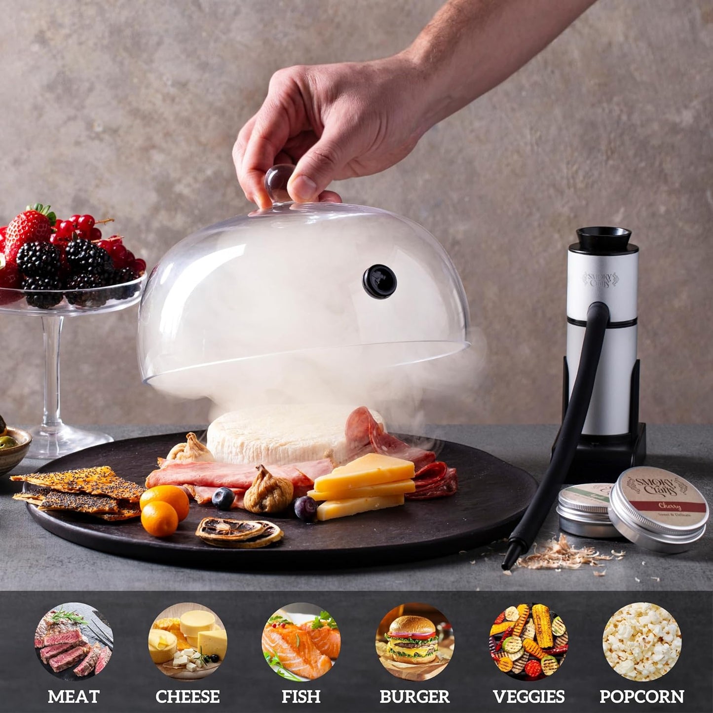 Food and Drink Smoker Kit with Smoke Gun, 8" Smoking Cloche Glass Dome, Acacia Cocktail Smoke Top and Wood Chips (Apple & Cherry) - Whiskey Smoker Kit - Gifts for Men (Torch Not Required)