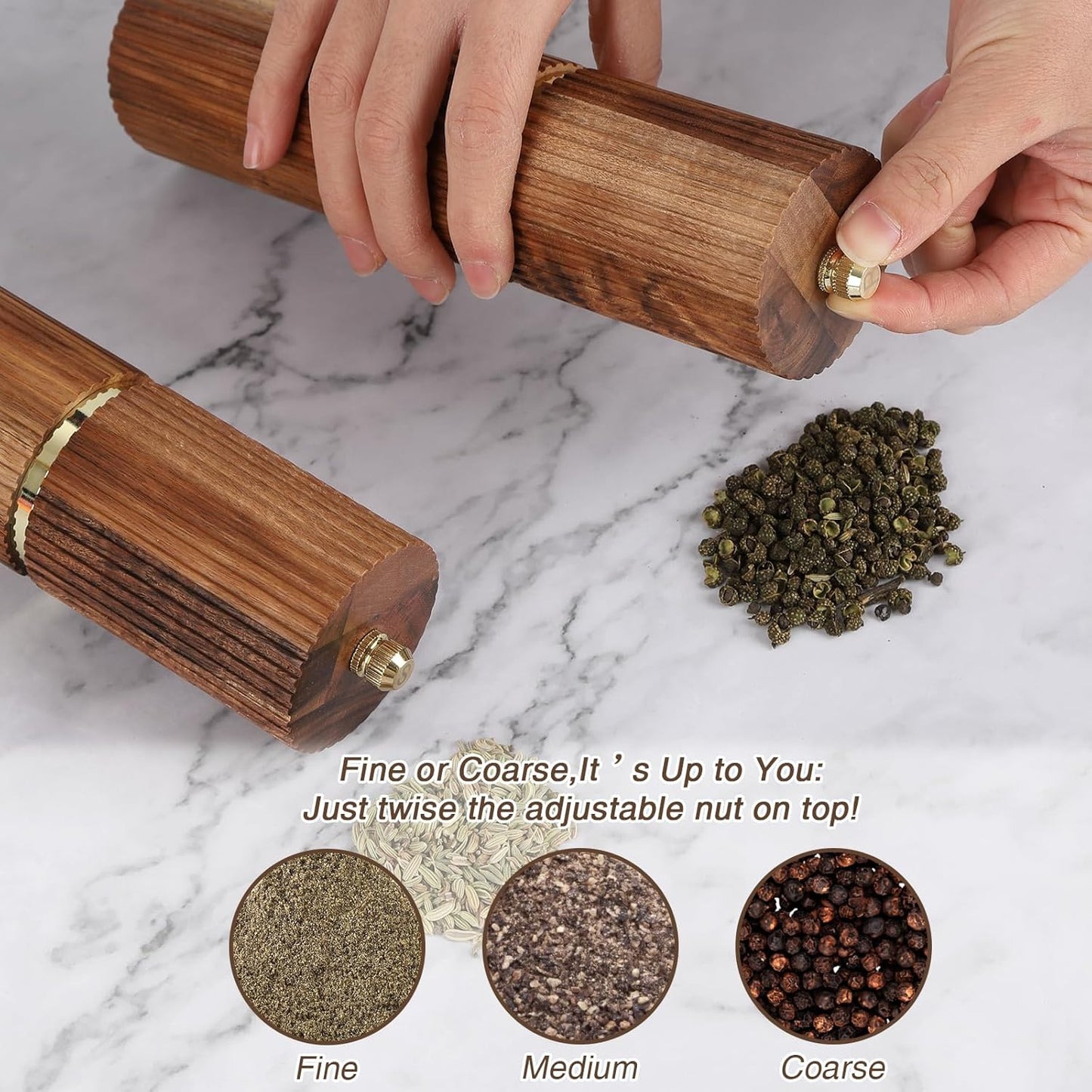 Wooden Salt and Pepper Grinder Set, Refillable Salt and Pepper grinder with adjustable Coarseness, Acacia Wood pepper mill manual, Salt and Pepper Shakers Matching Wooden tray-Ideal for Gifting