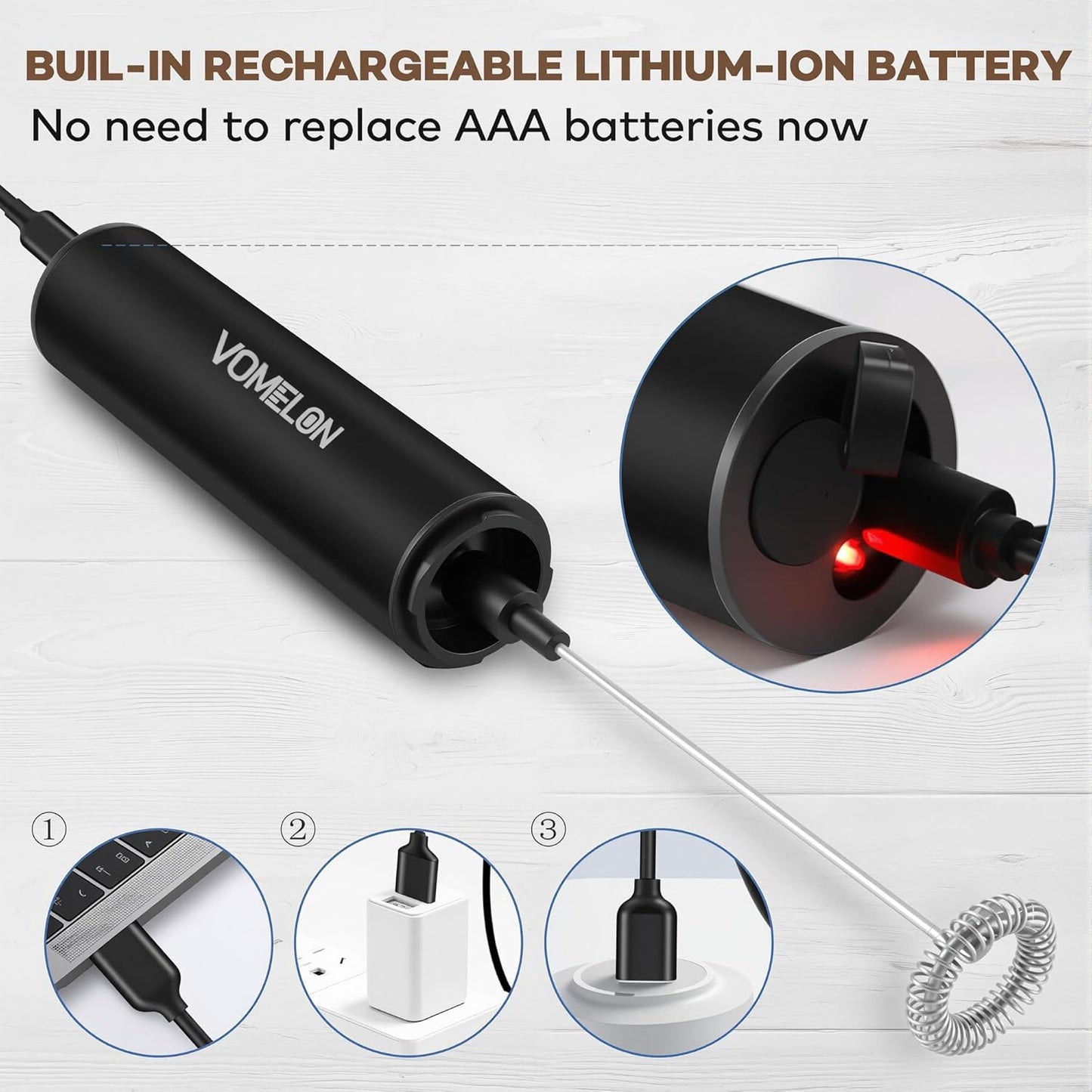 Rechargeable Milk Frother, Electric Coffee Foamer, Handheld Drink Mixer for Latte, Cappuccino, Coffee, Eggs, Hot Chocolate, Protein,Paint Black