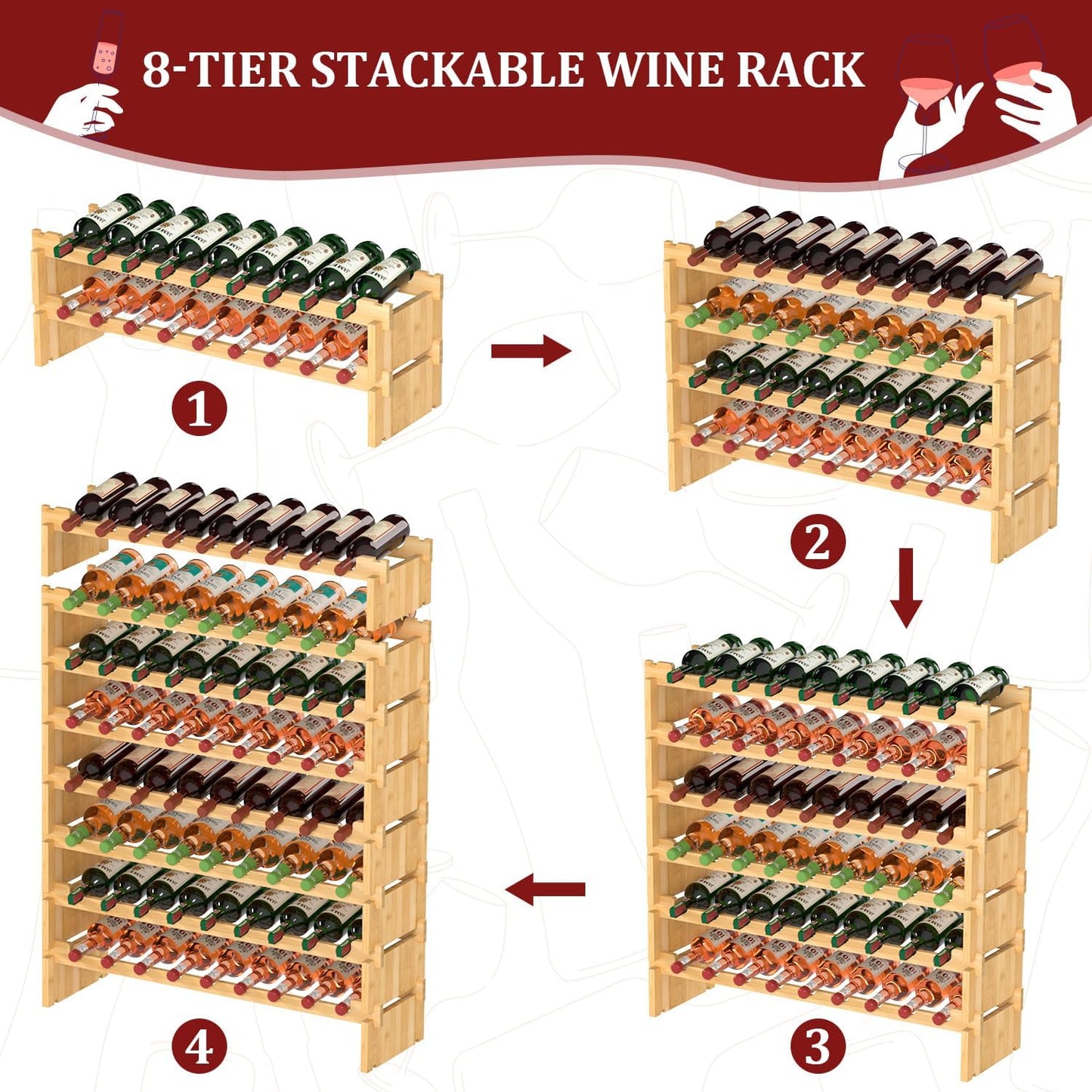 Domax Wine Rack Freestanding Floor - Bamboo Wooden Stackable 8 Tiers 72 Wine Bottle Holder Storage Racks for Kitchen, Bar, Pantry and Cellar (Yellow)