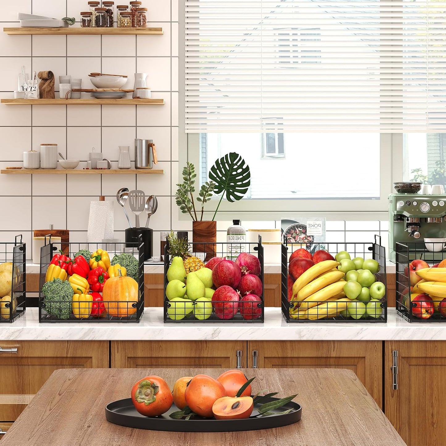 5 Pack XXL Stackable Wire Storage Basket, Extra Large Capacity Pantry Organizer and Storage, Muti-Purpose for Fruit Vegetable Basket & Toy Bin & Snack Organizer