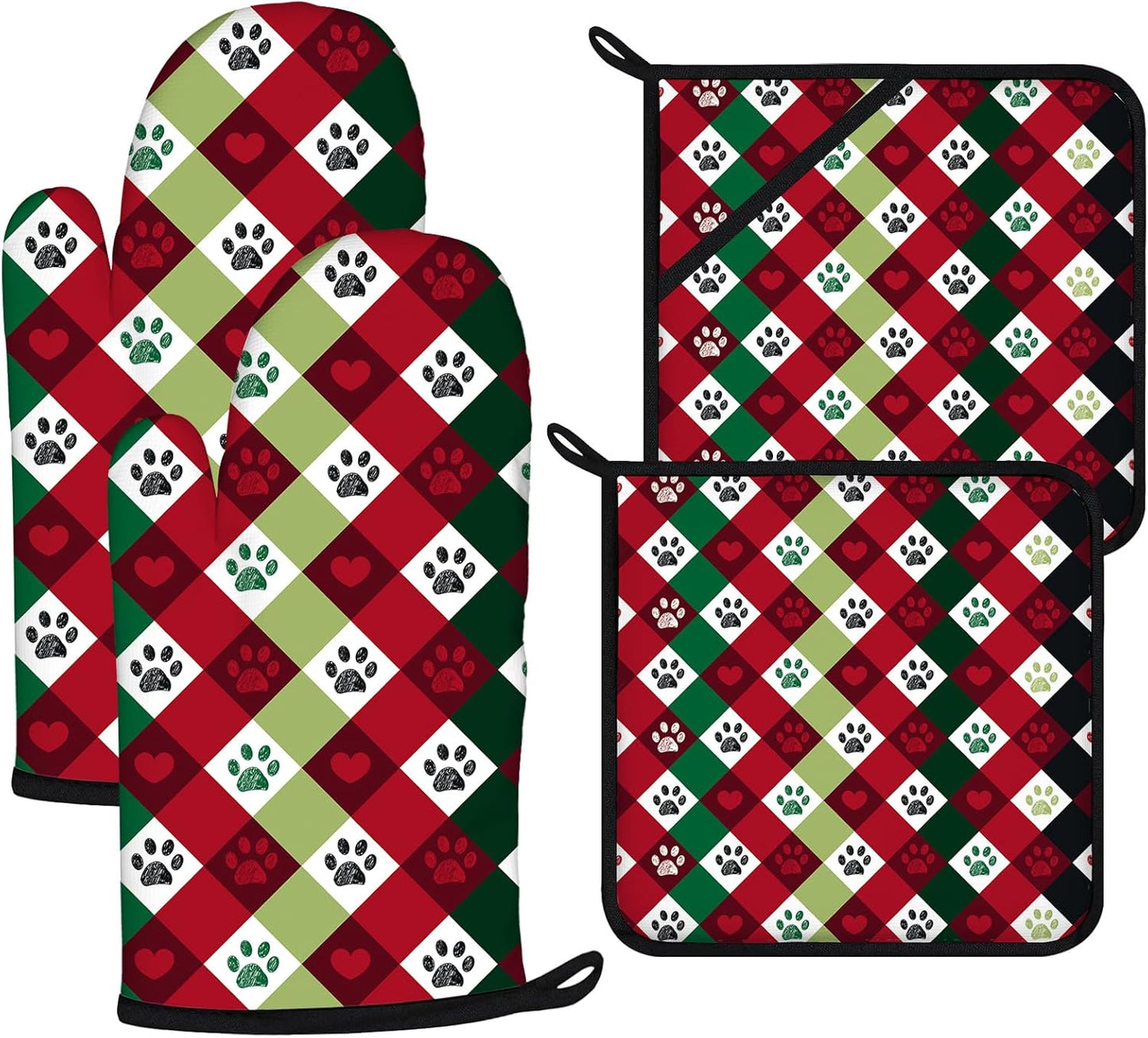Red Green Dog paw Oven Mitts and Pot Holders Sets 4Pcs,Extra Long Oven Gloves Potholder for Kitchen Cooking Baking BBQ 100% Cotton Heat Resistant