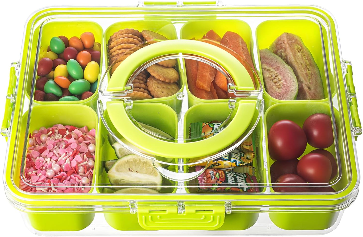 Divided Serving Tray with Lid and Handle - Snackle Box Charcuterie Container for Portable Snack Platters Organizer for Candy, Fruits, Nuts, Snacks - Perfect for Party, Entertaining, Green