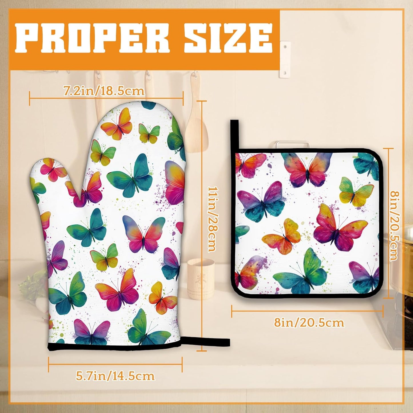 Colorful Butterfly Oven Mitts and Pot Holders,Heat Resistant Oven Mitts Gloves and Pot Holder for Home Kitchen Decorations Cooking Baking BBQ Gifts,Set of 4