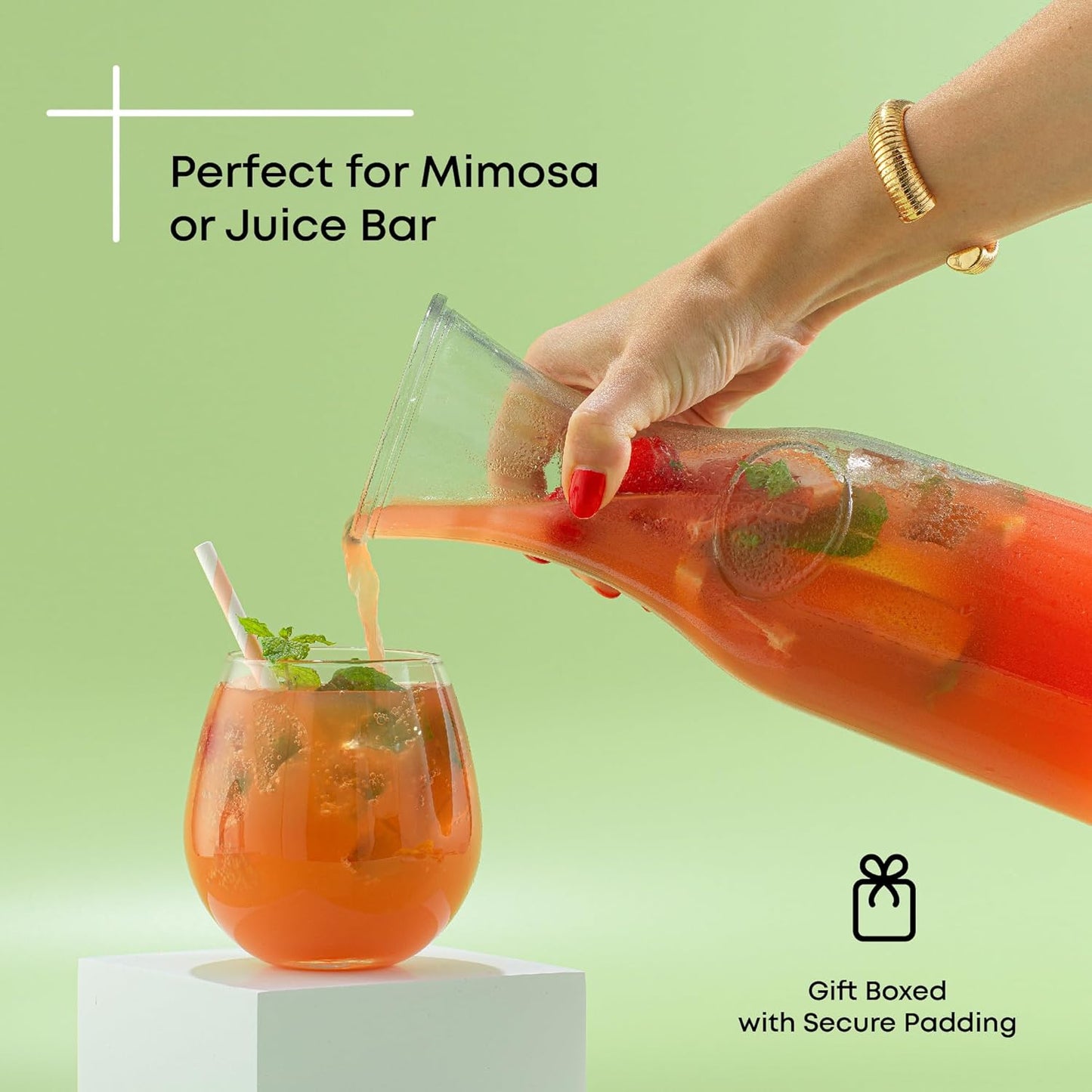 JoyJolt Glass Carafe with Lid, Set of 4 – 1 Liter Glass Pitcher for Mimosa Bar, Water, Iced Tea, Juice, Wine, Lemonade, Milk – Dishwasher Safe Beverage Drink Dispensers for Brunch, Parties