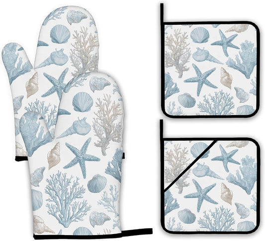 Starfish Oven Mitts and Pot Holders Set,Coral Shell Kitchen Oven Gloves and Pot Holder with Heat Resistant Non Slip for Cooking Baking Grilling(4 Piece Set)