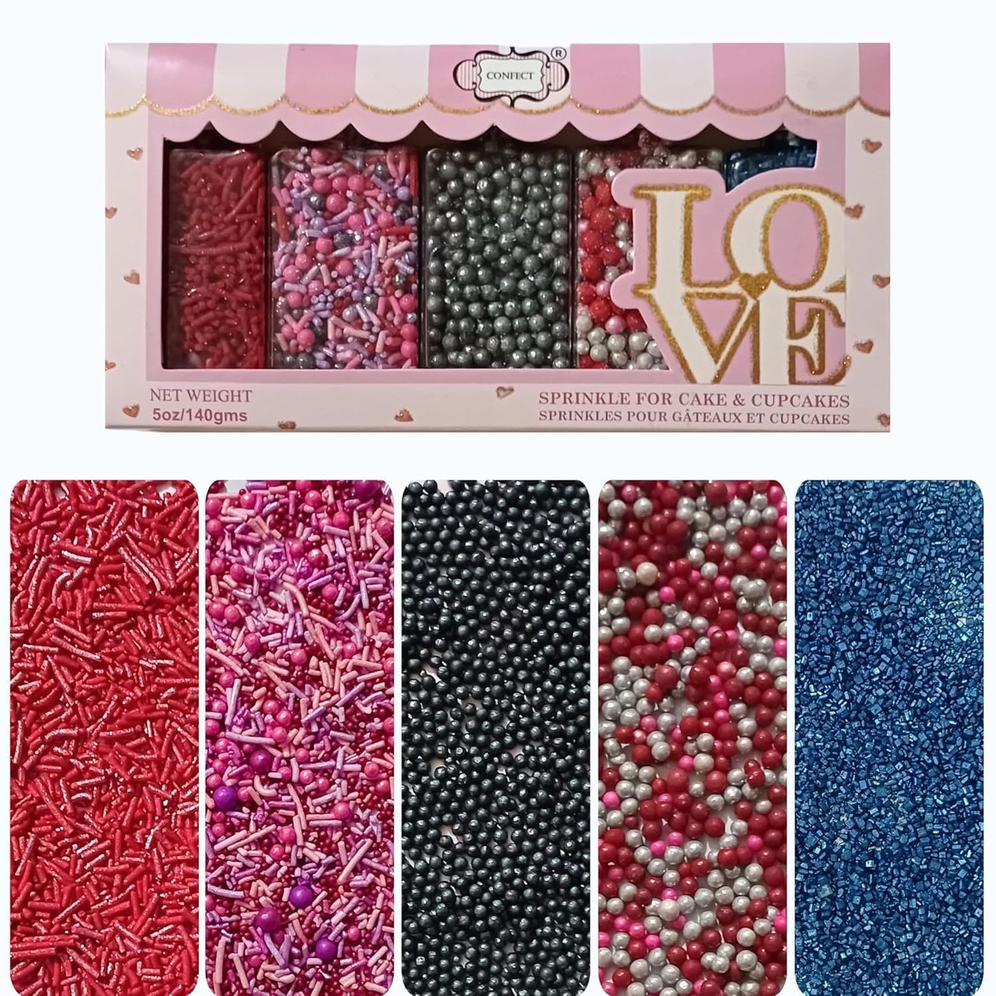 Confect Edible Sprinkles for Cake Decorating - Red Jimmies, Blush Pink Red Gun Metal Silver Pearl Mix with Navy Sparkling Sugar | Vegan, Gluten-Free, Dessert Topping - 5 Oz