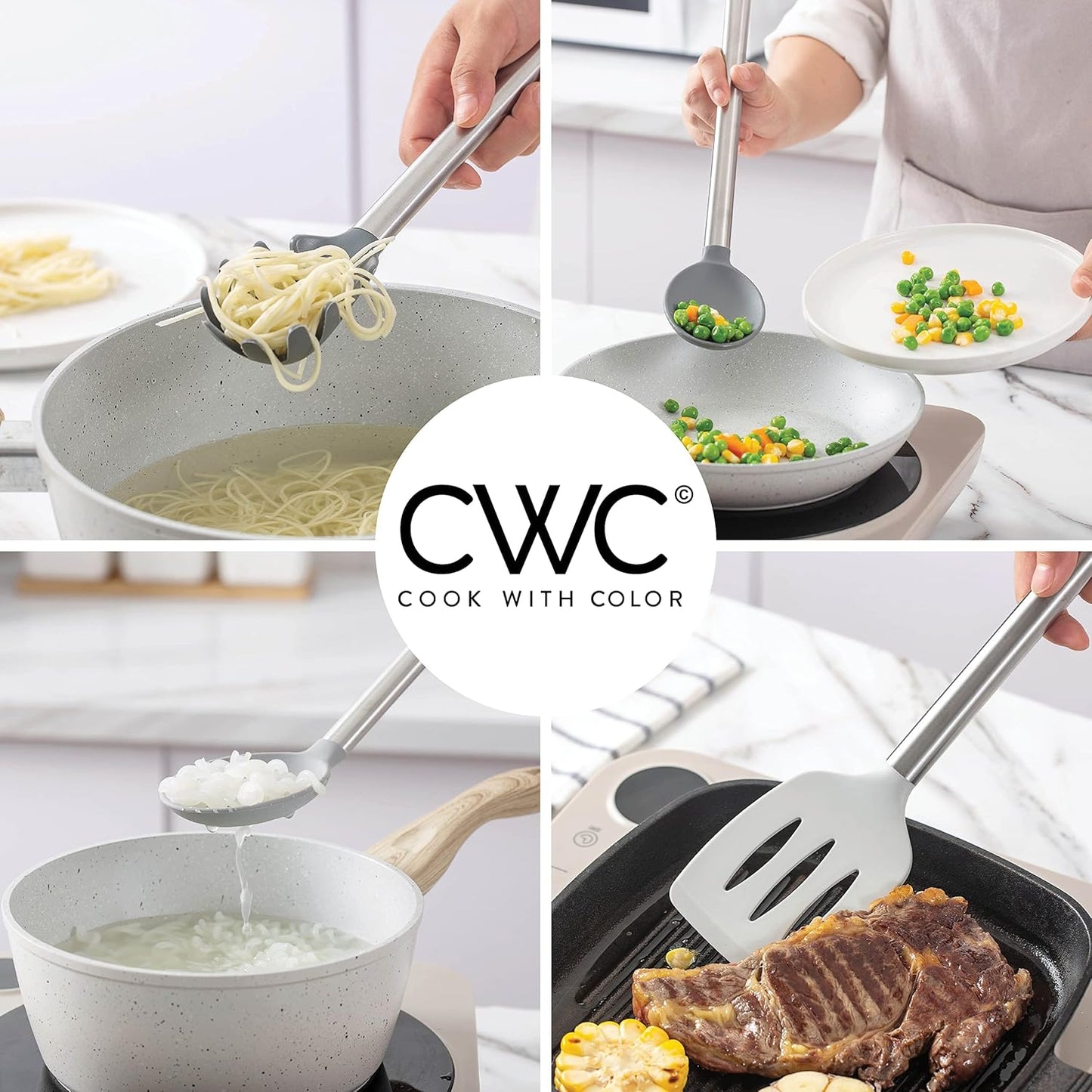 COOK WITH COLOR Silicone Cooking Utensils, Kitchen Utensil Set, Easy to Clean Silicone Kitchen Utensils, Cooking Utensils for Nonstick Cookware, Kitchen Gadgets Set, 5 Pieces, Grey Ombre