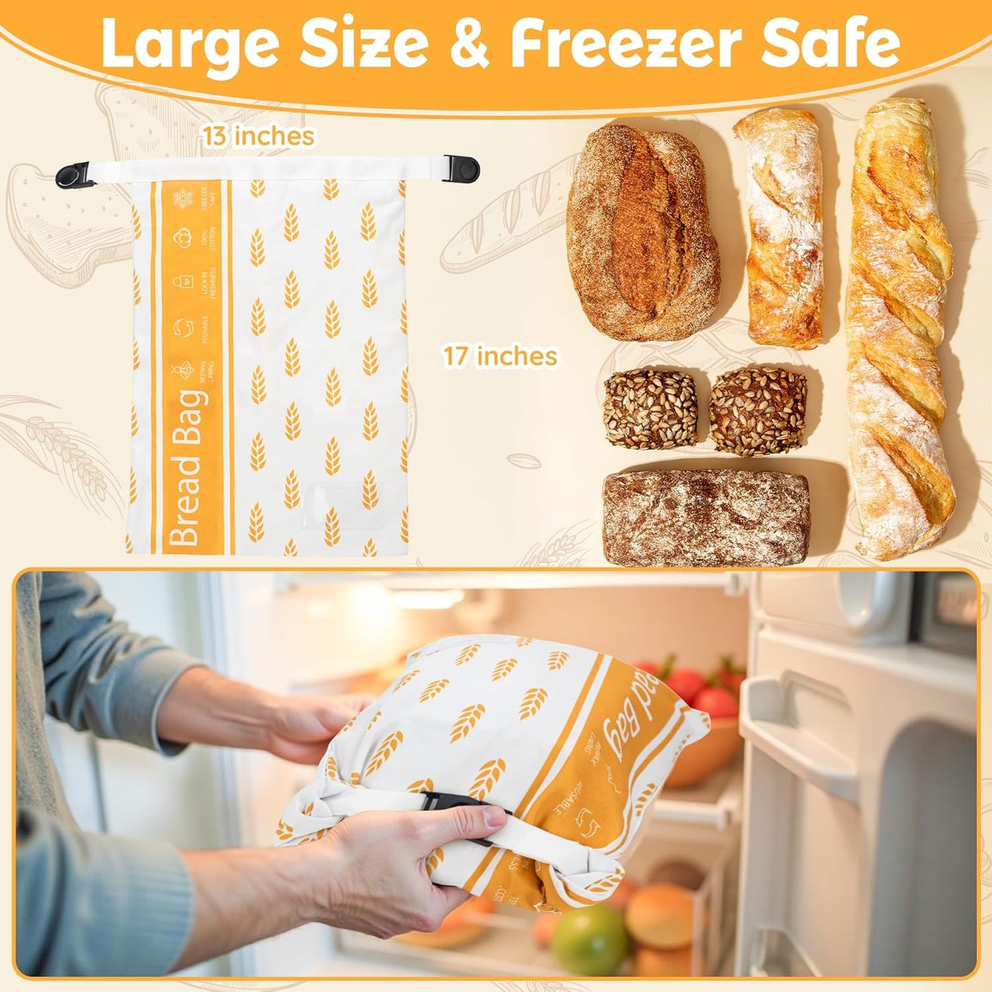 Reusable Beeswax Bread Bag for Homemade Bread & Sourdough Loaf, Fridge-Safe Storage Container with Dual-Zip Freshness Lock & Lables Cards Note Dates on, Natural Cotton & Beeswax Lining Keep Fresh