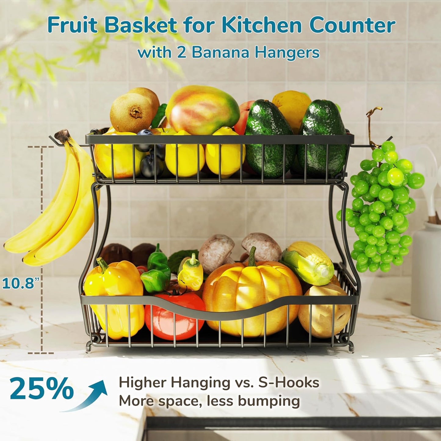 Large 2-Tier Fruit Basket for Kitchen Counter with 2 Banana Hangers – Metal Fruit Bowl for Onion, Vegetable, Snacks, Breads Storage – Countertop Organizer – Black, 14.5" W x 9.5" D