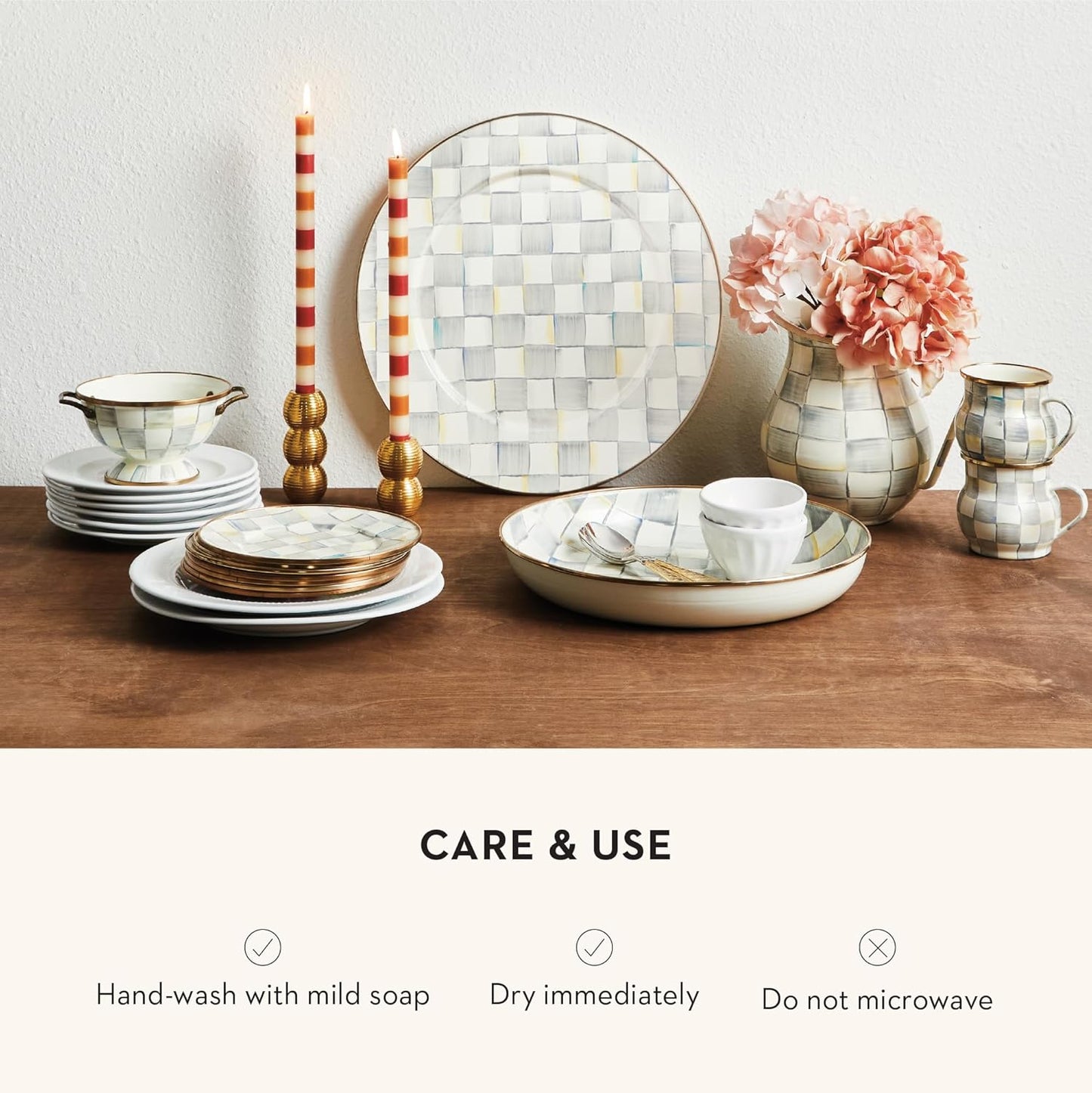 MACKENZIE-CHILDS Enamel Serving Platter, Decorative Serving Platter for Food, 16 Inches, Gray-and-White Sterling Check