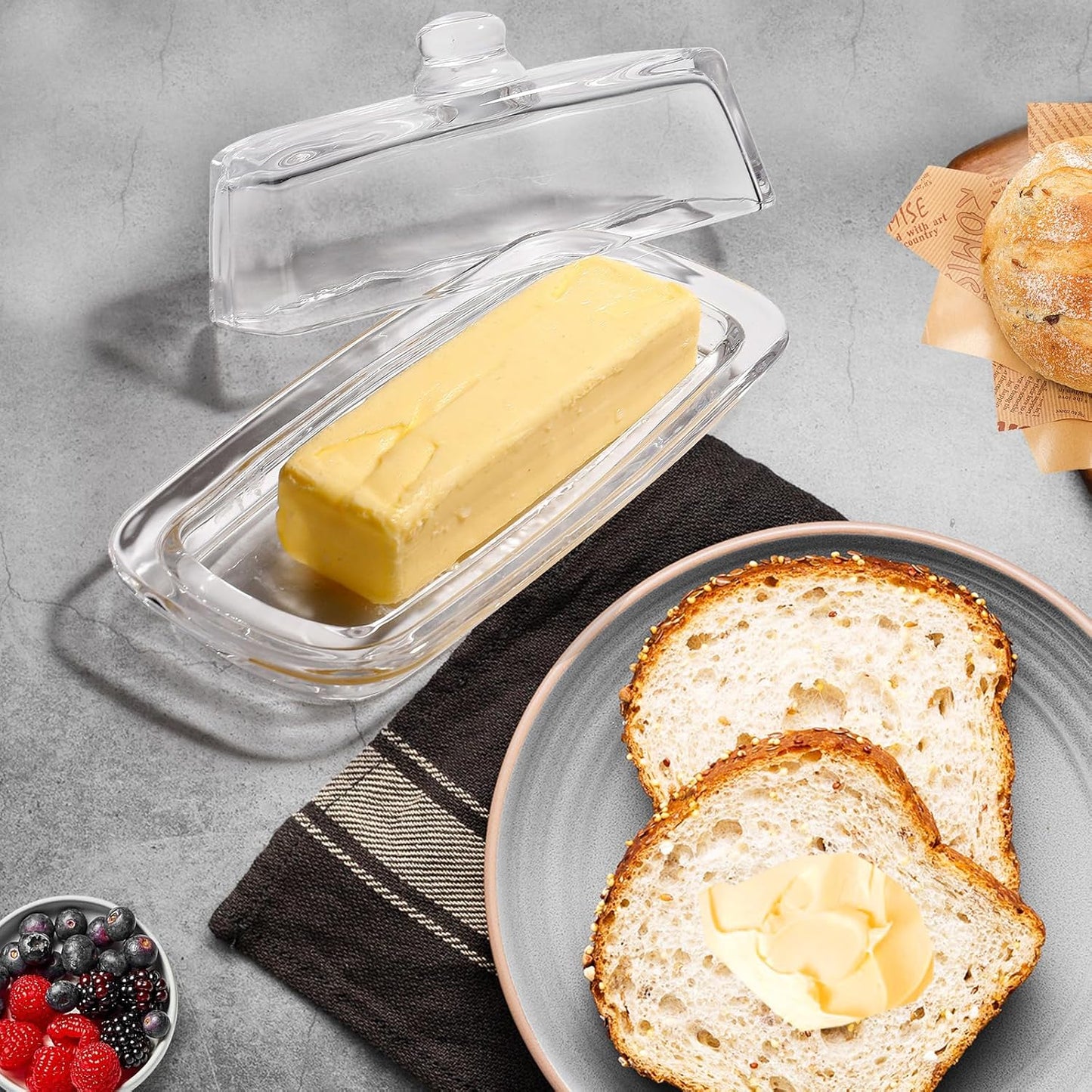 Small and Narrow Glass Butter Dish with Lid for Countertop Clear Crystal Butter Container for Counter Glass Butter Keeper with Cover Butter Tray for Refrigerator,Can hold 1x4oz Butter