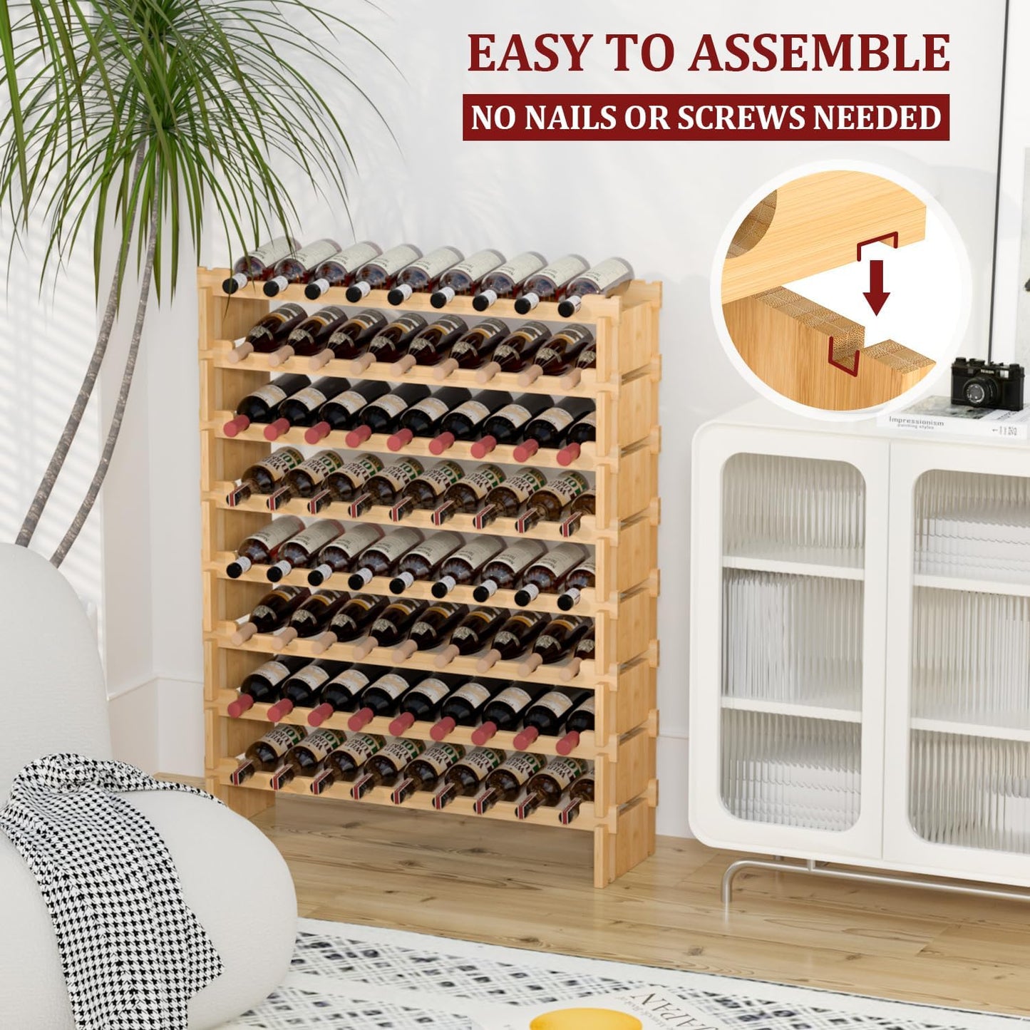 Domax Wine Rack Freestanding Floor - Bamboo Wooden Stackable 8 Tiers 72 Wine Bottle Holder Storage Racks for Kitchen, Bar, Pantry and Cellar (Yellow)