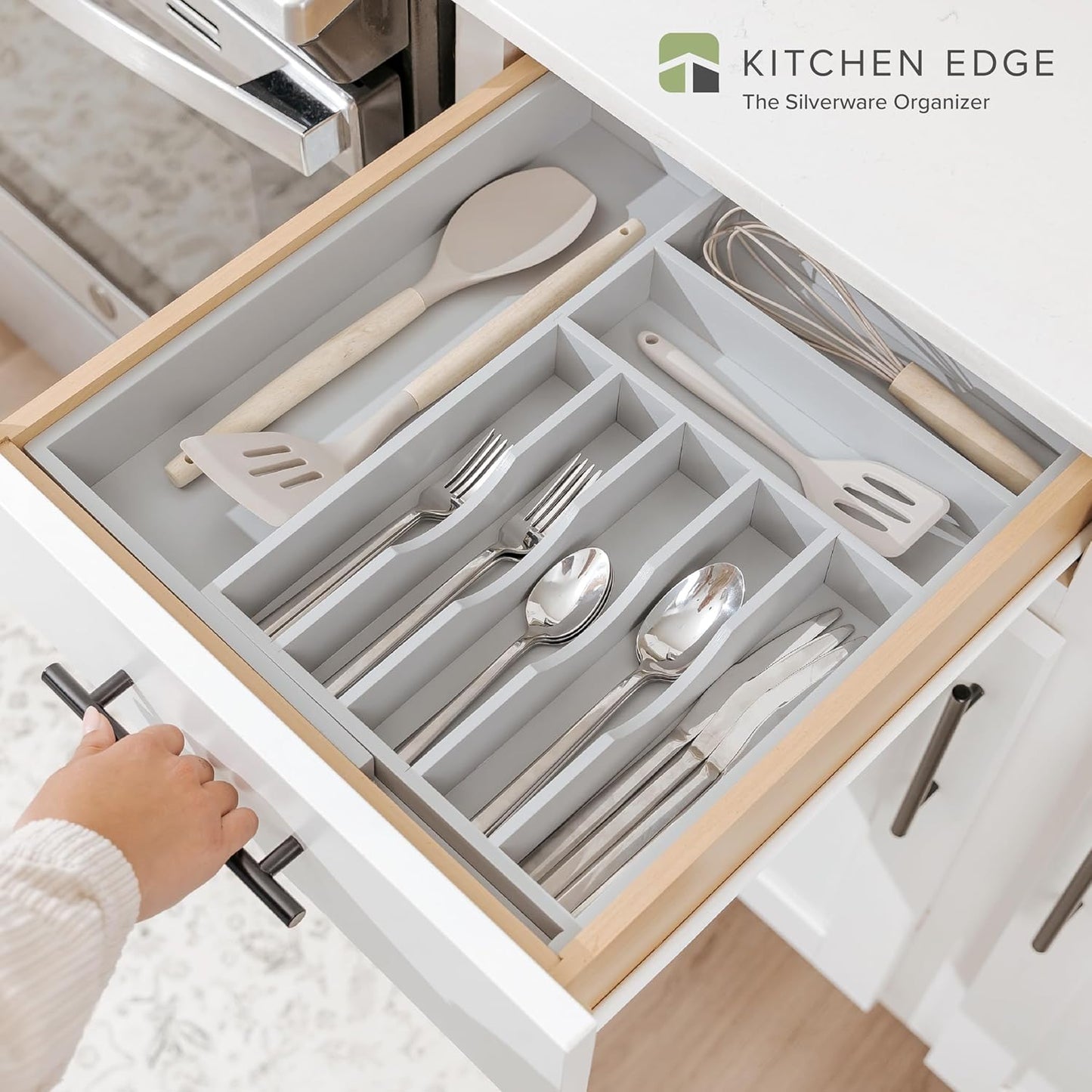 Premium Silverware, Flatware and Utensil Organizer for Kitchen Drawers, Food-Safe Contract Grade, Expandable from 10.5 to 19 In, Gray Bamboo