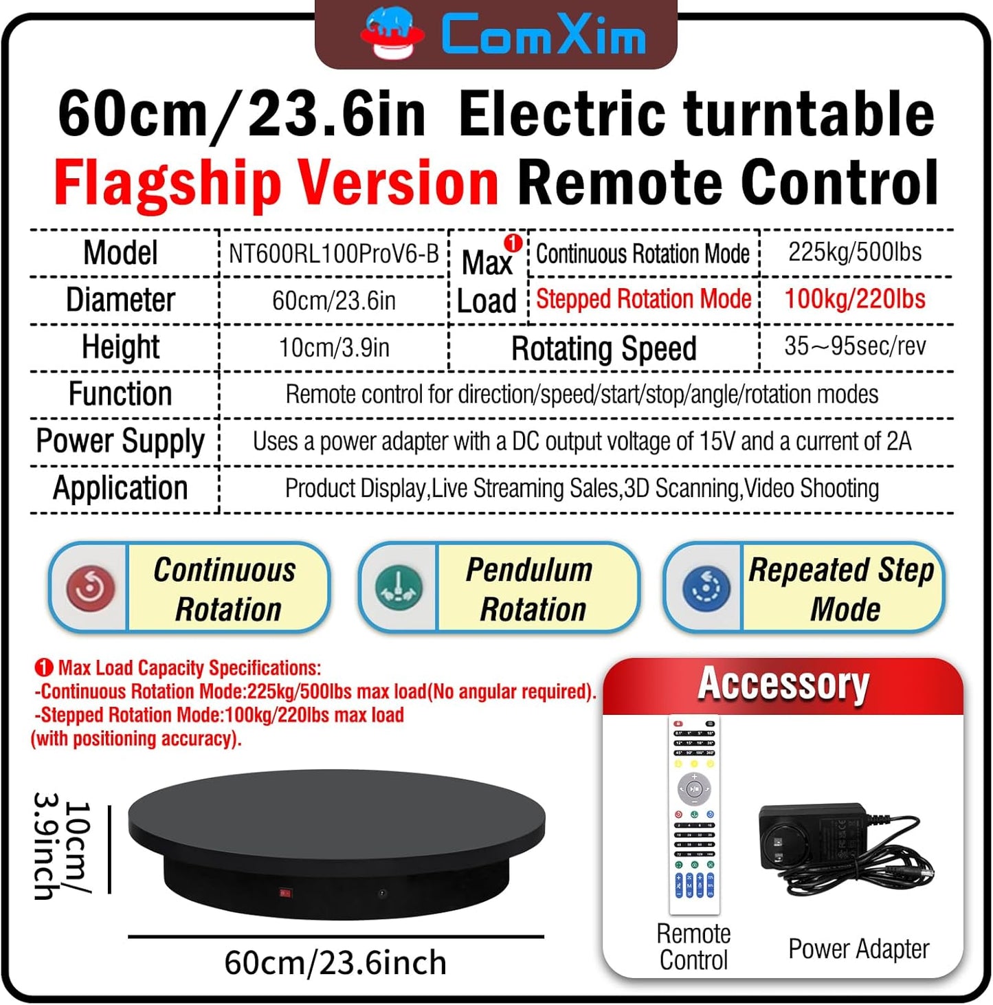 23.6In Remote Large Motorized electric turntable Rotating platform Photography Turntable Motorized lazy susan Base giratoria para for Photography,3D Scanner,Heavy duty display(Load Range:220~500lbs)