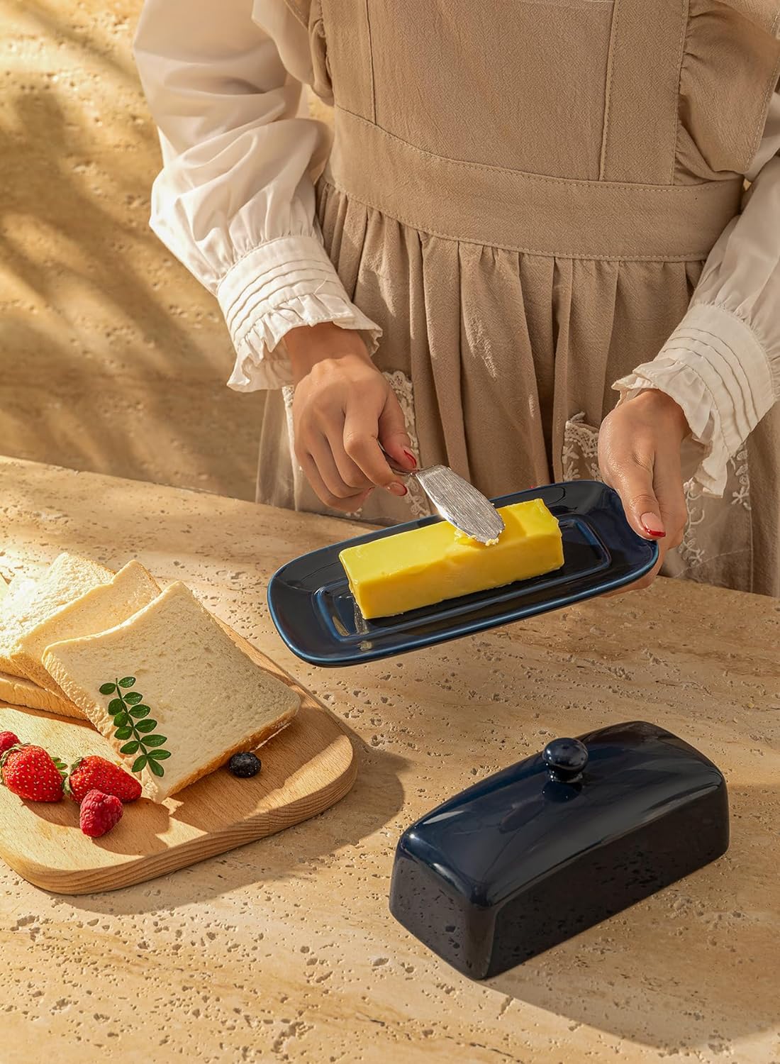 Sweese Butter Dish with Lid, Porcelain Butter Keeper, 7.8 Inch Butter Holder with Handle Cover, Butter Container Perfect for East West Coast Butter, Navy