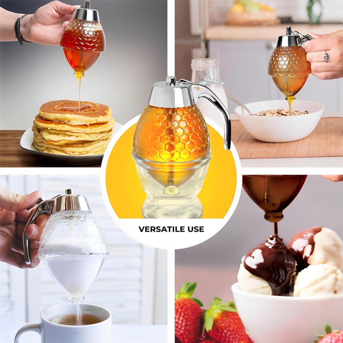 Hunnibi 8 oz Honey Syrup Dispenser No Drip - Coffee Syrup Dispenser with Stainless Steel Lid and Stand - No Mess Glass Honey Jar for Tea, Pancakes, Baking and Other Liquid Condiments - Easy to Refill