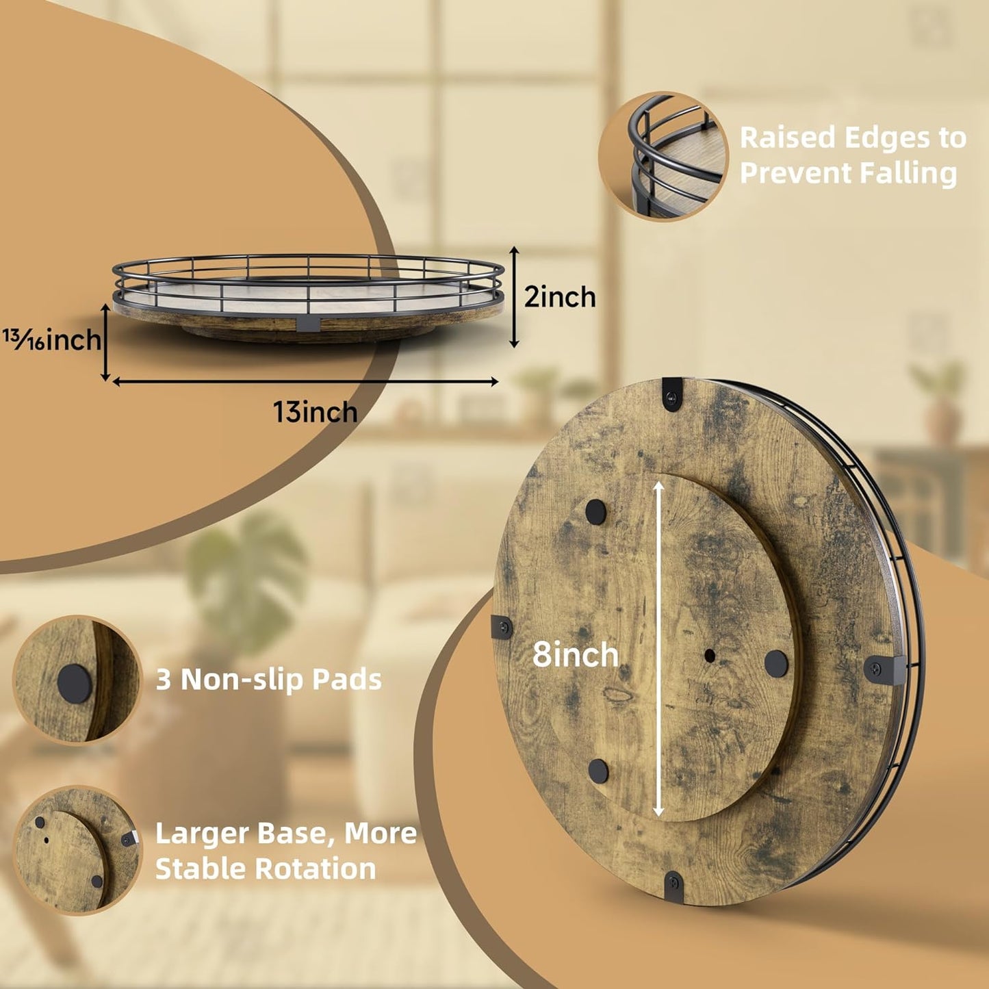 Lazy Susan Turntable Organizer for Table Top, 13’’ Round Wooden Lazy Susan for Cabinet Kitchen Countertop Pantry Dining Coffee Table for Condiments Spices, Rustic Bathroom Vanity Tray for Soap Candle