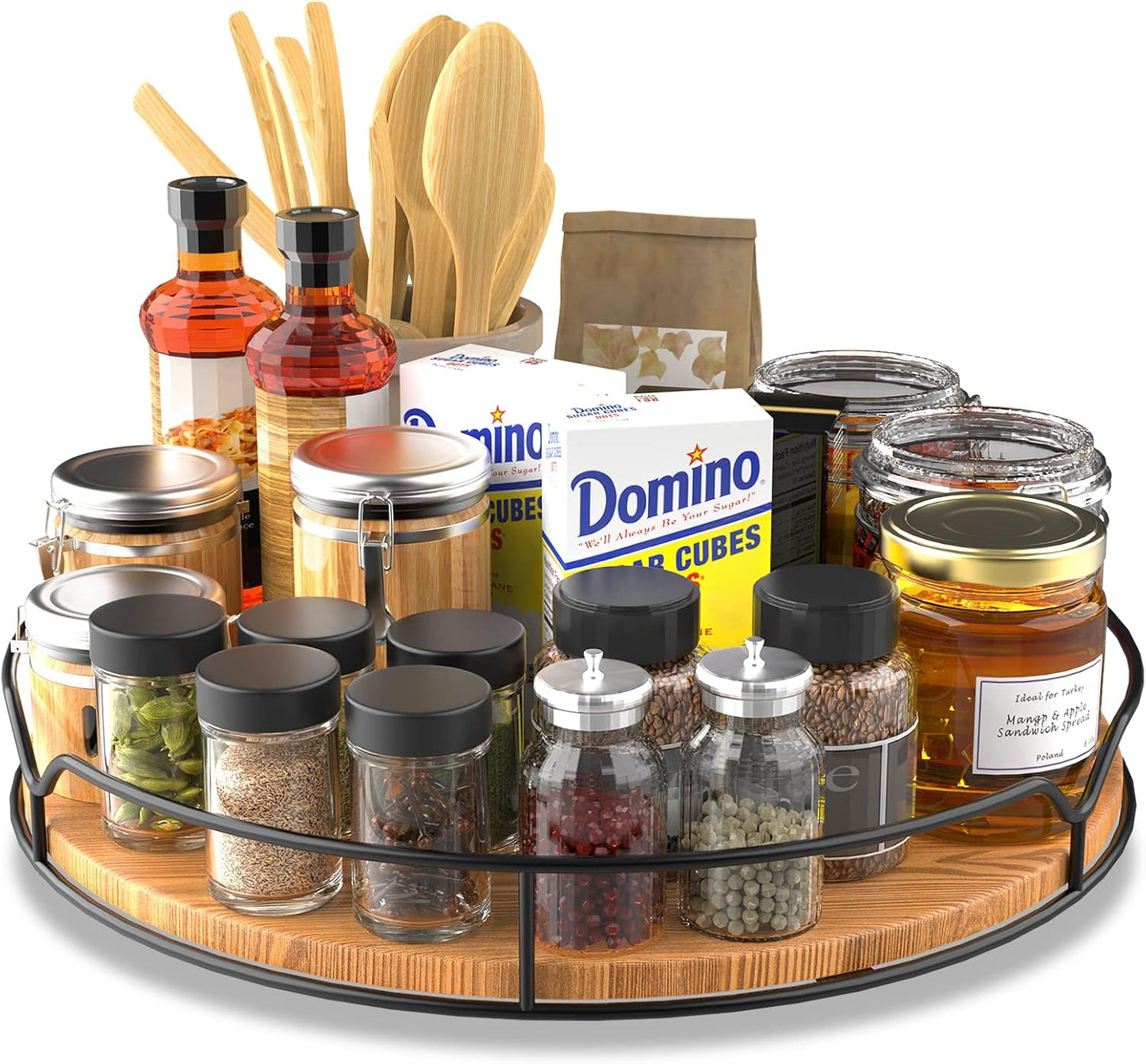 Lazy Susan Turntable Organizer for Cabinet Pantry Kitchen Countertop Refrigerator Cupboard, Pine Wood (Carbonized Black, 12“)