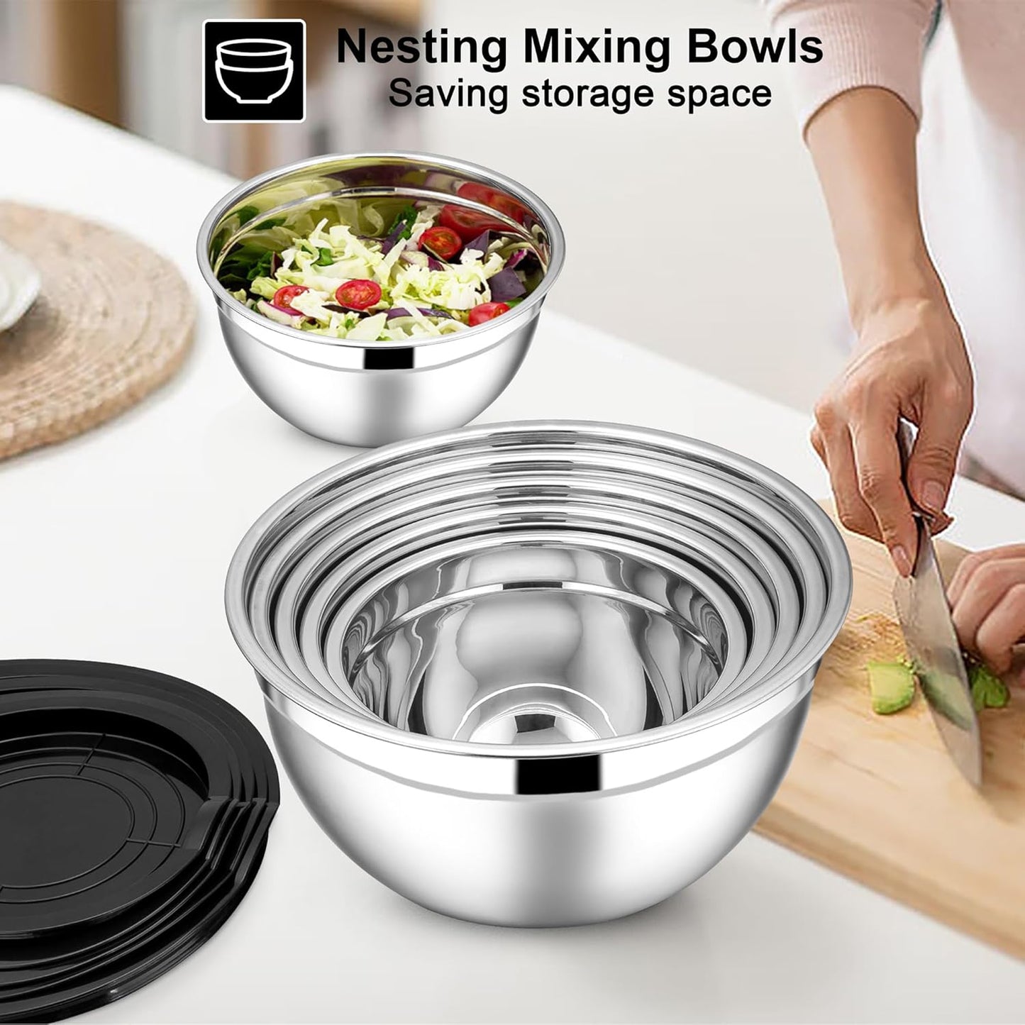 E-far Mixing Bowls with Lids Set, 7-Piece Stainless Steel Metal Mixing Bowls with 3 Grater Attachments, Size 4.6, 3.5, 2.6, 2, 1.5, 1, 0.7QT, Nesting Design & Black Airtight Lids, For Baking/Cooking