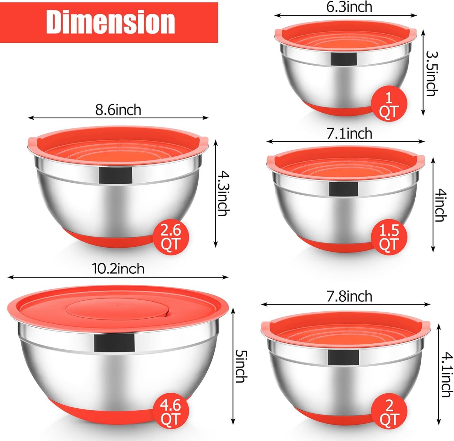 E-far Stainless Steel Mixing Bowls with Lids Set, 5-Piece Nesting Salad Bowls with 3 Grater Attachments and Non-Slip Bottoms, Size 4.6, 2.6, 2, 1.5, 1QT for Kitchen (Red)